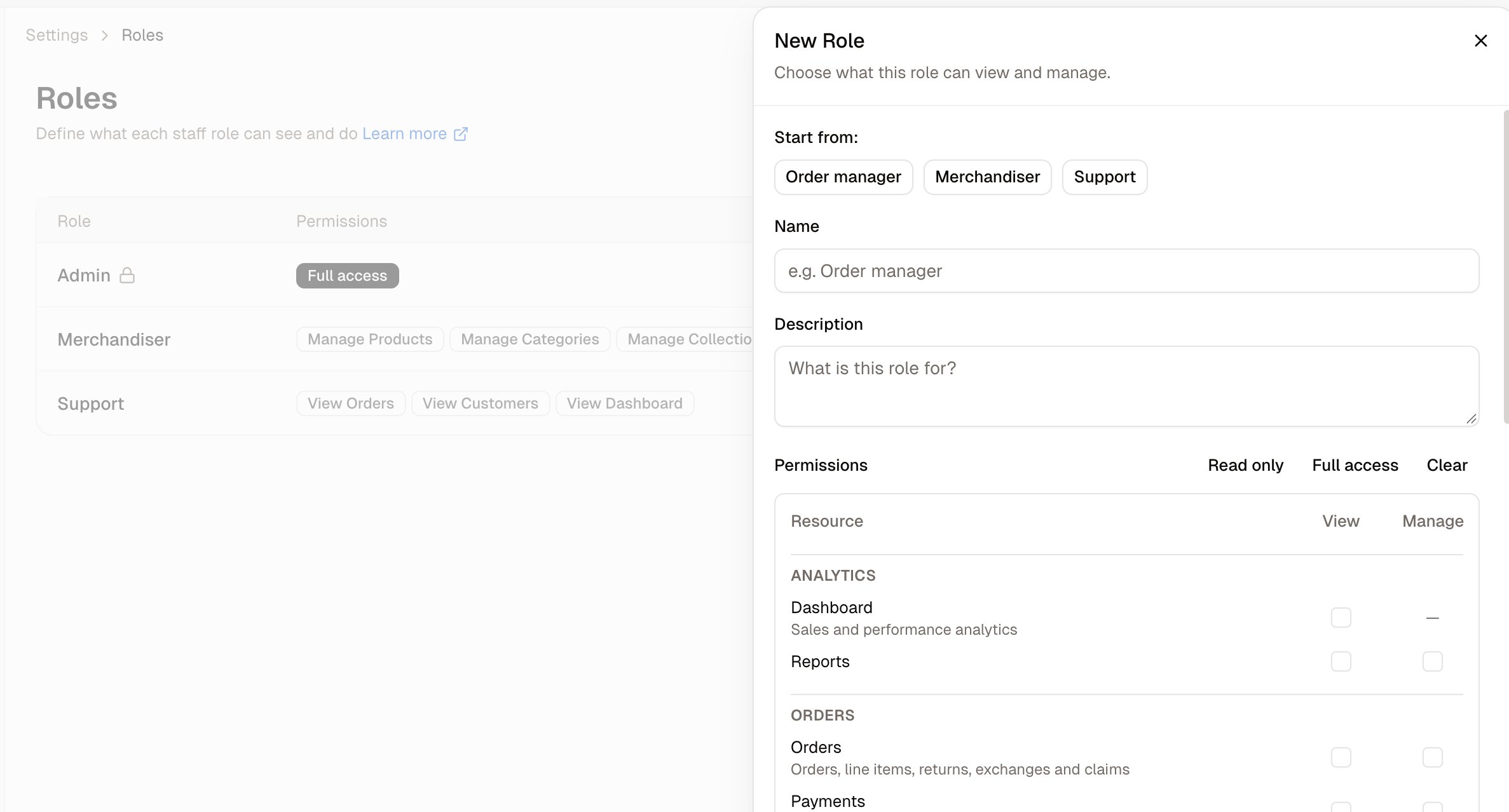 The New Role panel, with the starting templates and permission grid