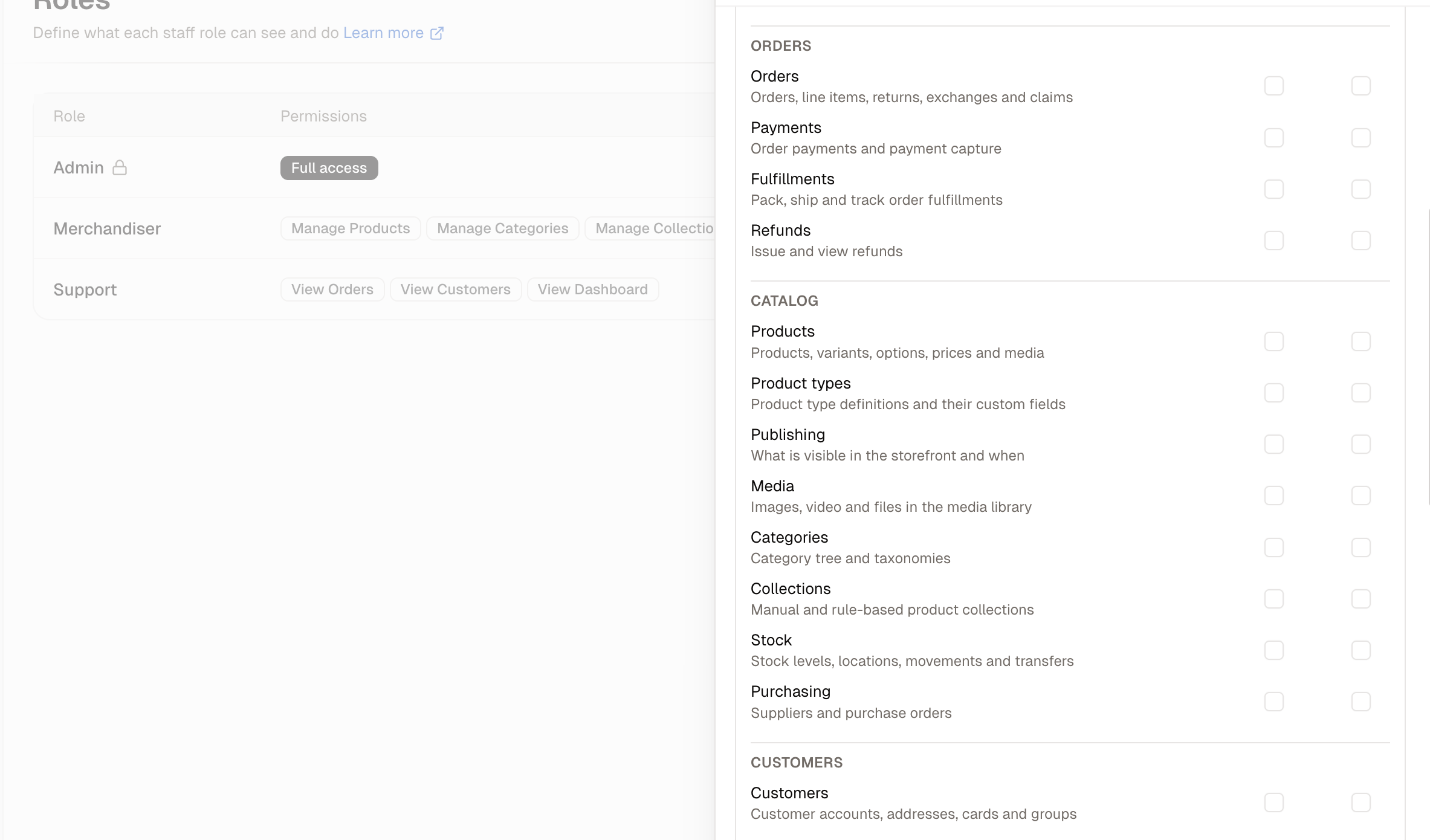 The permission grid, with View and Manage per resource