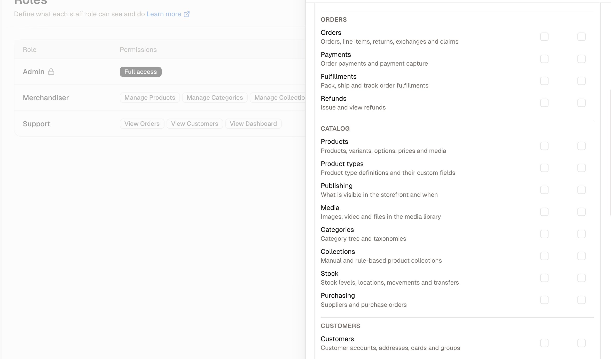 The permission grid, with View and Manage per resource