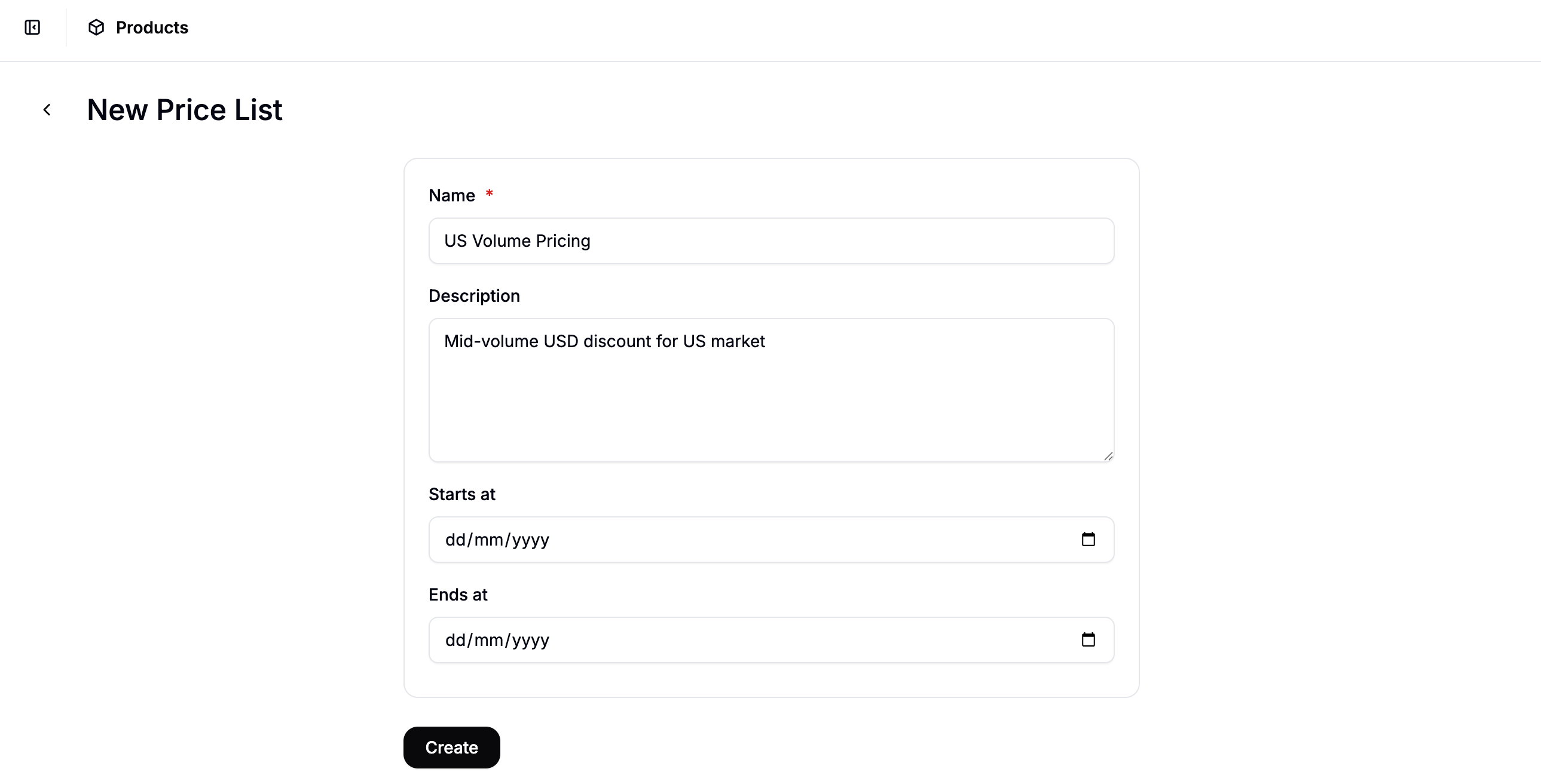 The New Price List form in Spree Commerce