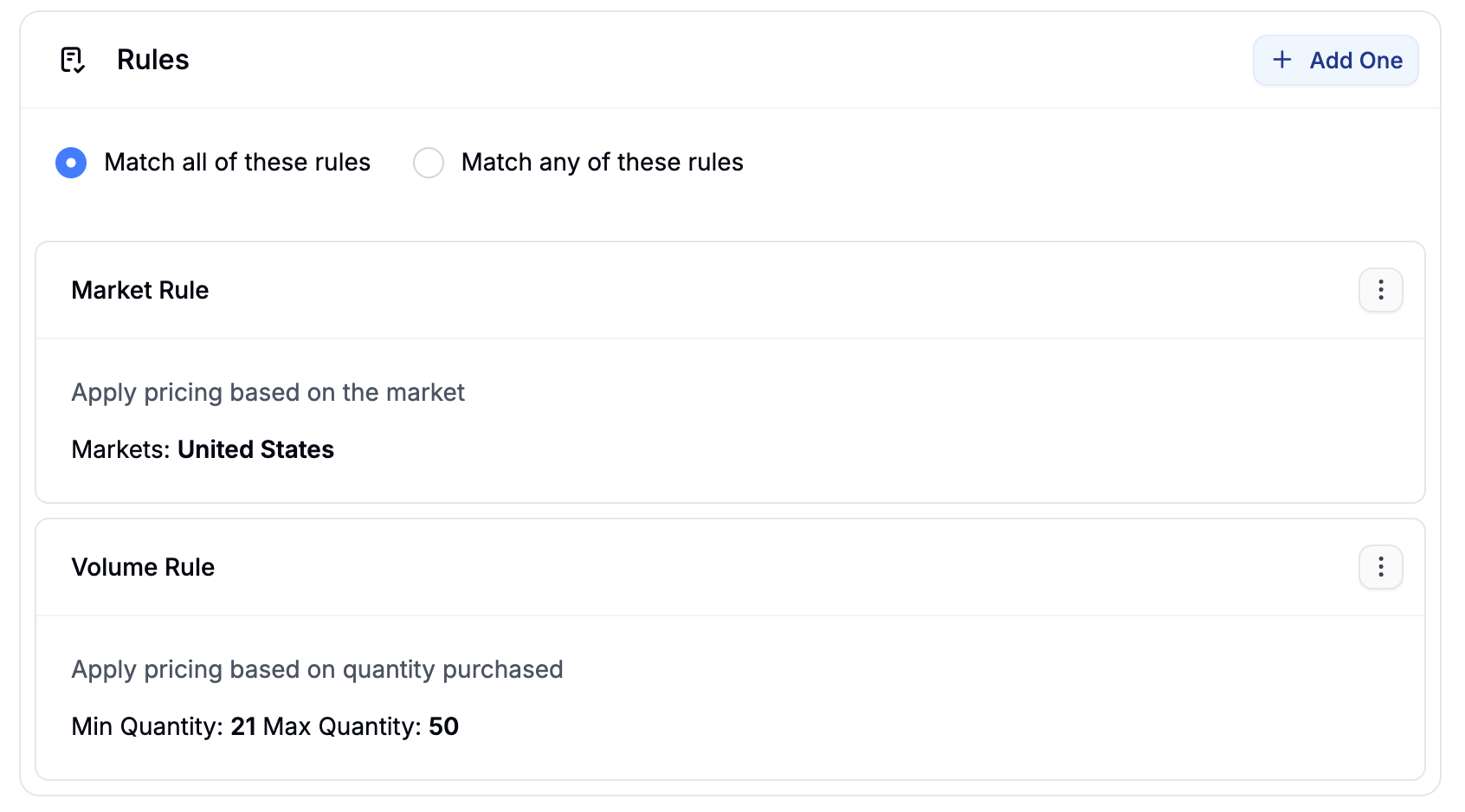 The price list editor showing Match All logic with a Market rule and a Volume rule