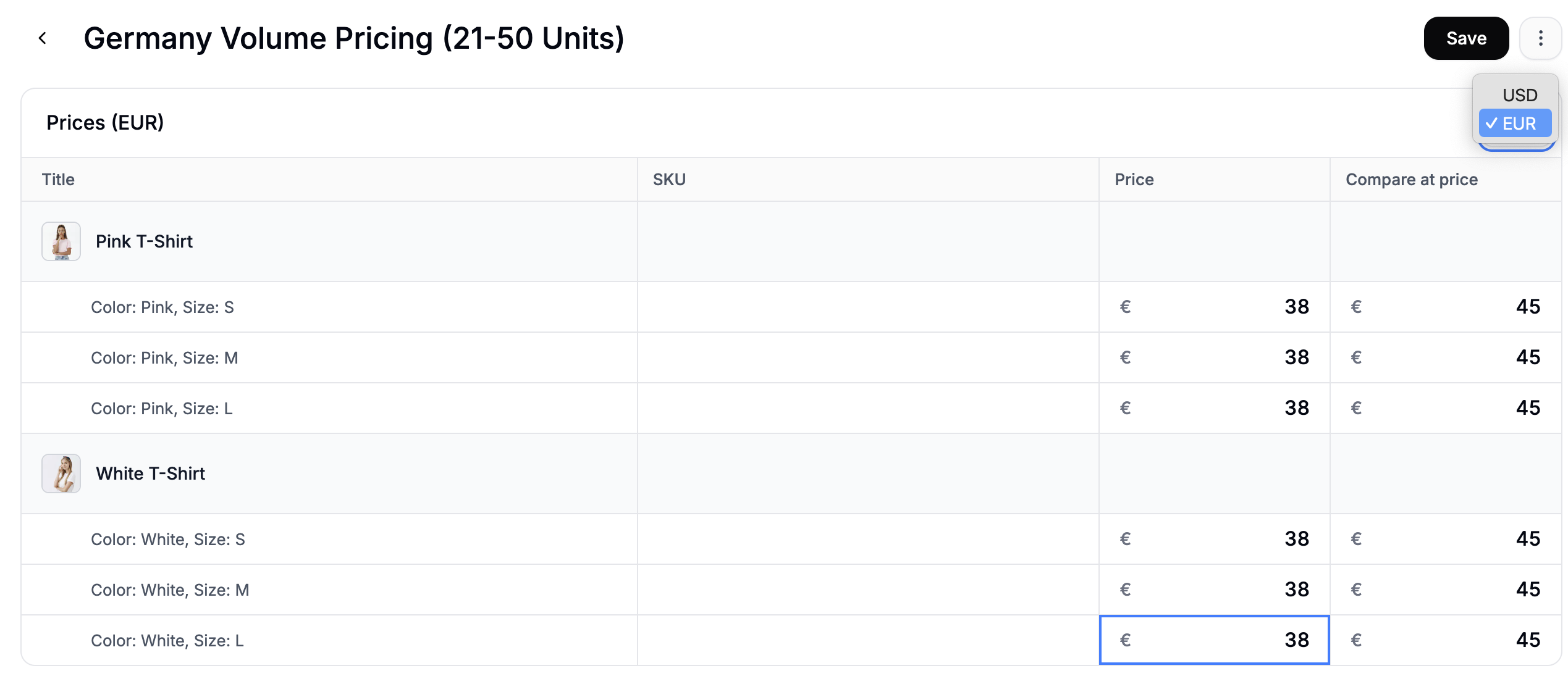 The price editor showing discounted EUR prices for the Germany 21–50 unit tier