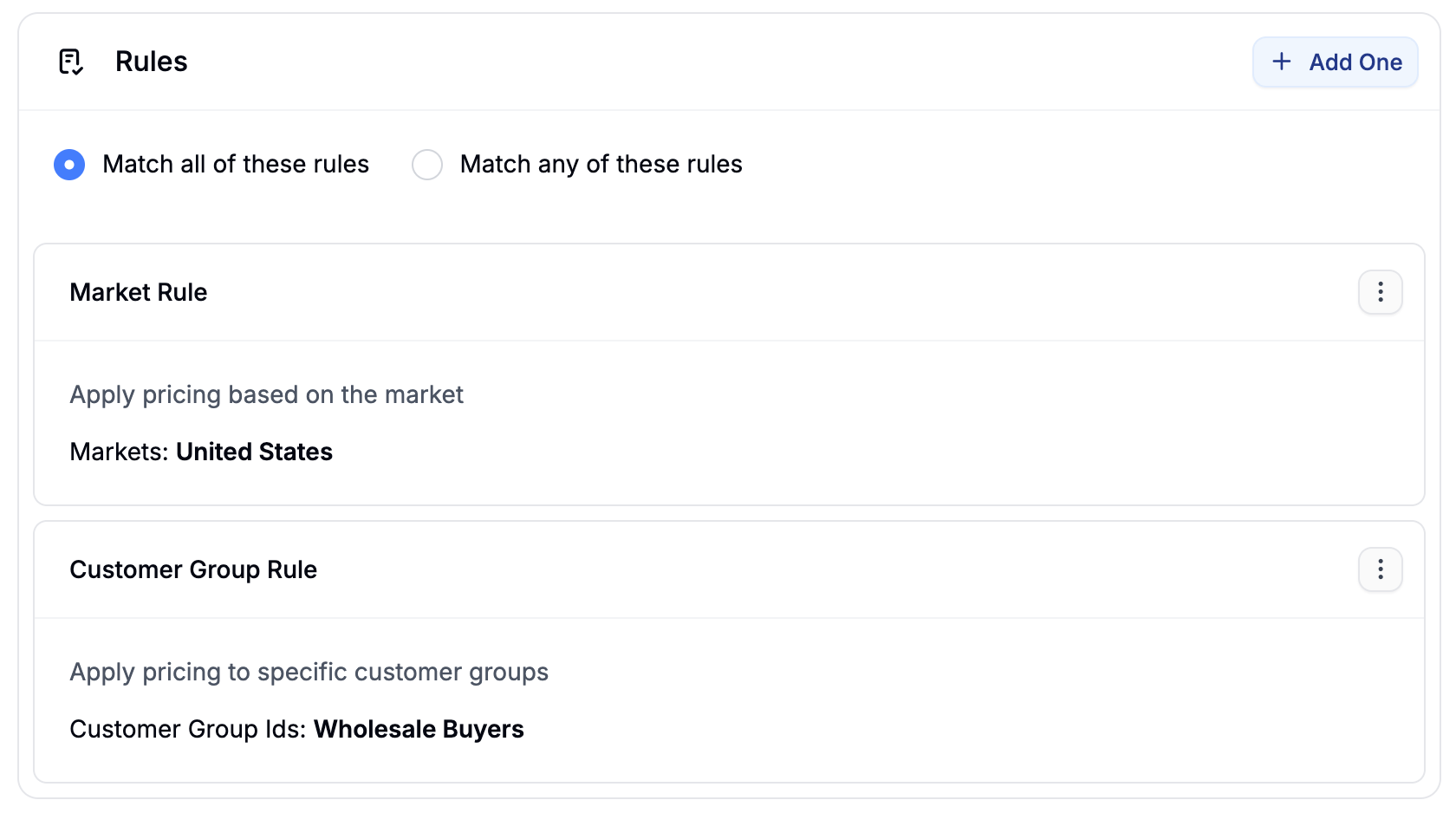 The price list editor showing Match All logic with a Customer Group rule and a Market rule