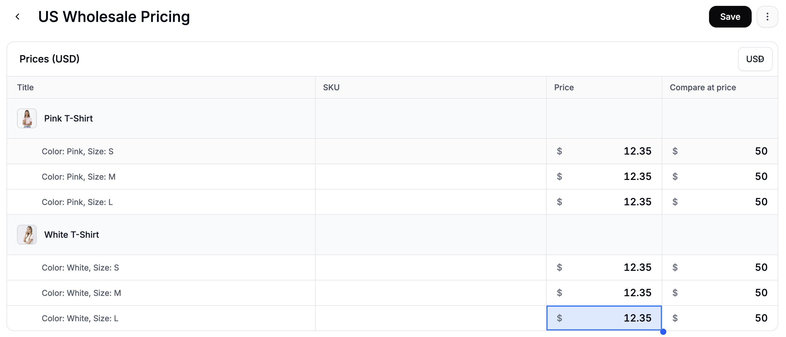 The price editor showing USD wholesale prices for the US market