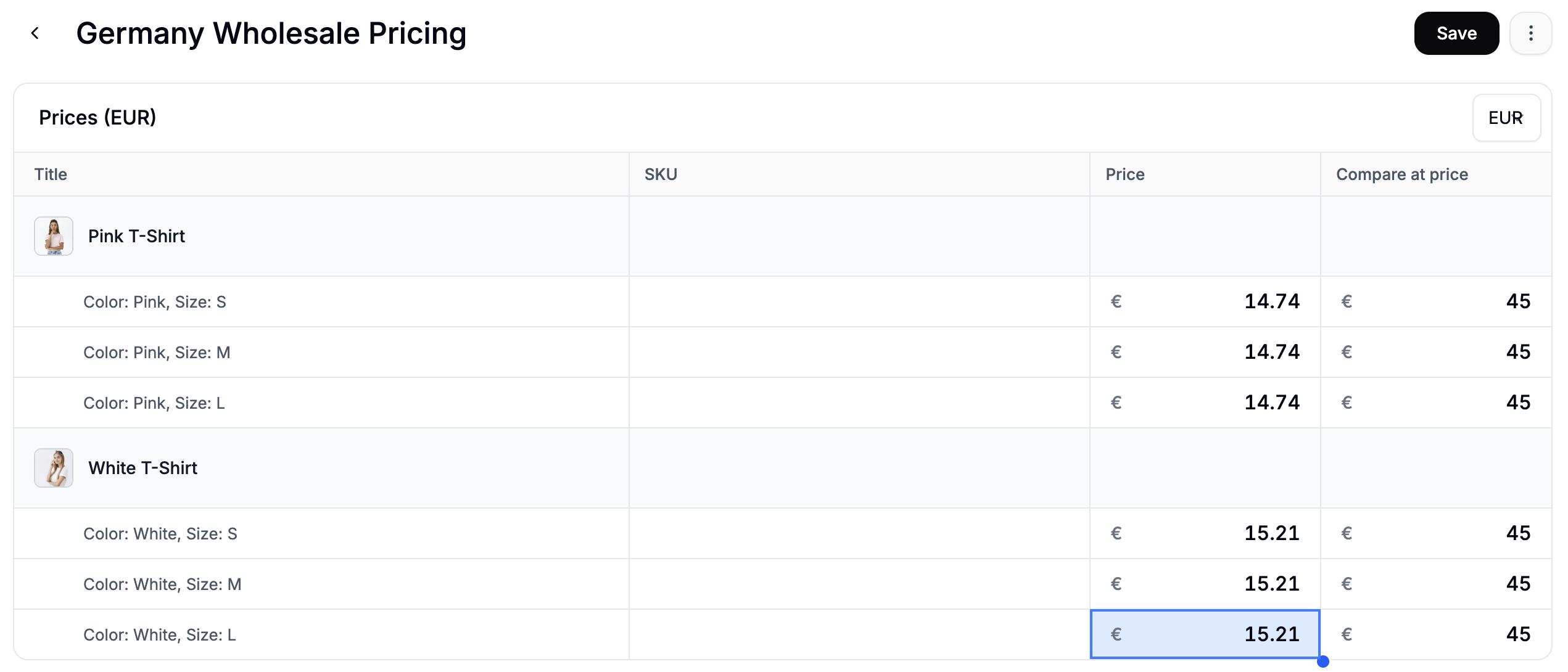 The price editor showing EUR wholesale prices for the Germany market