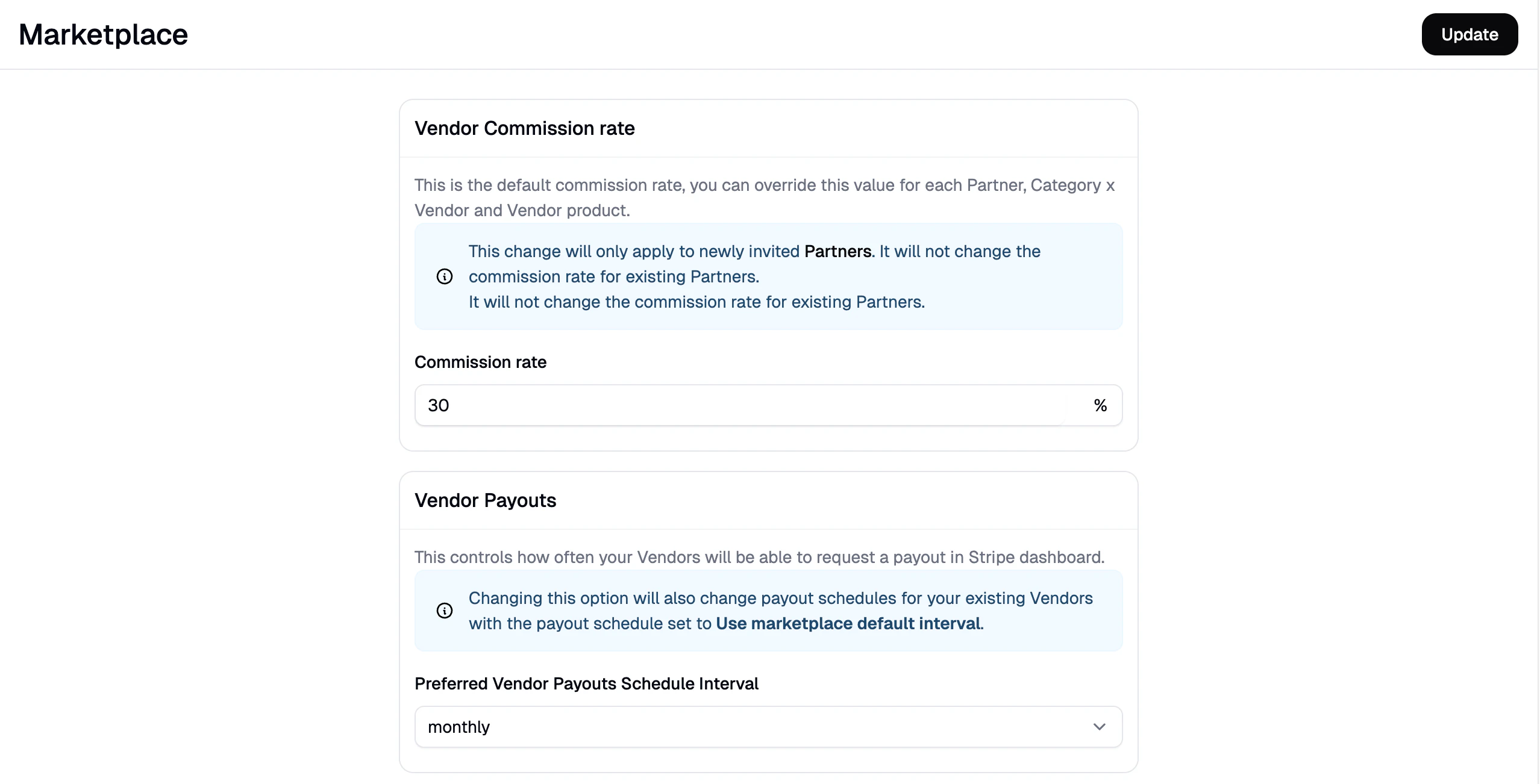 The Marketplace settings page showing the commission rate, payouts, Shopify app, and terms of service sections