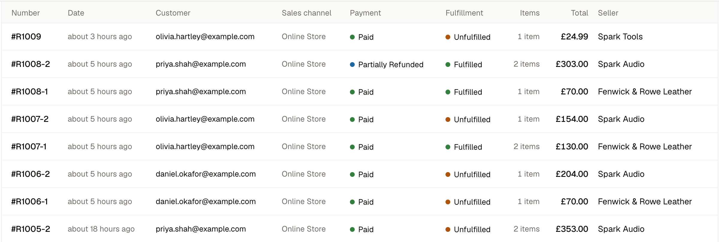 The Orders list, with two seller orders from one purchase
