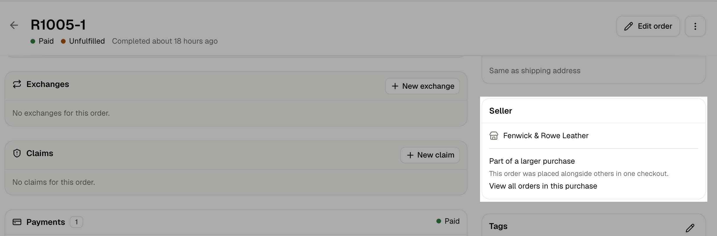 The Seller card on an order, with the link to the rest of the purchase