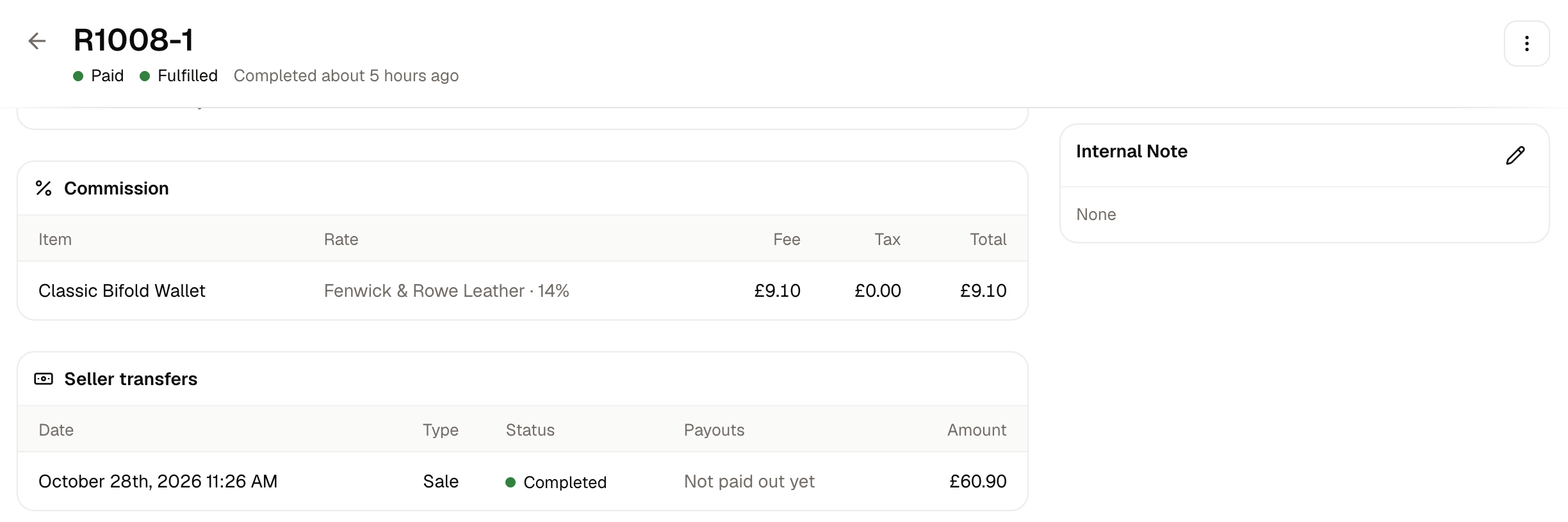 A seller's order in the admin dashboard