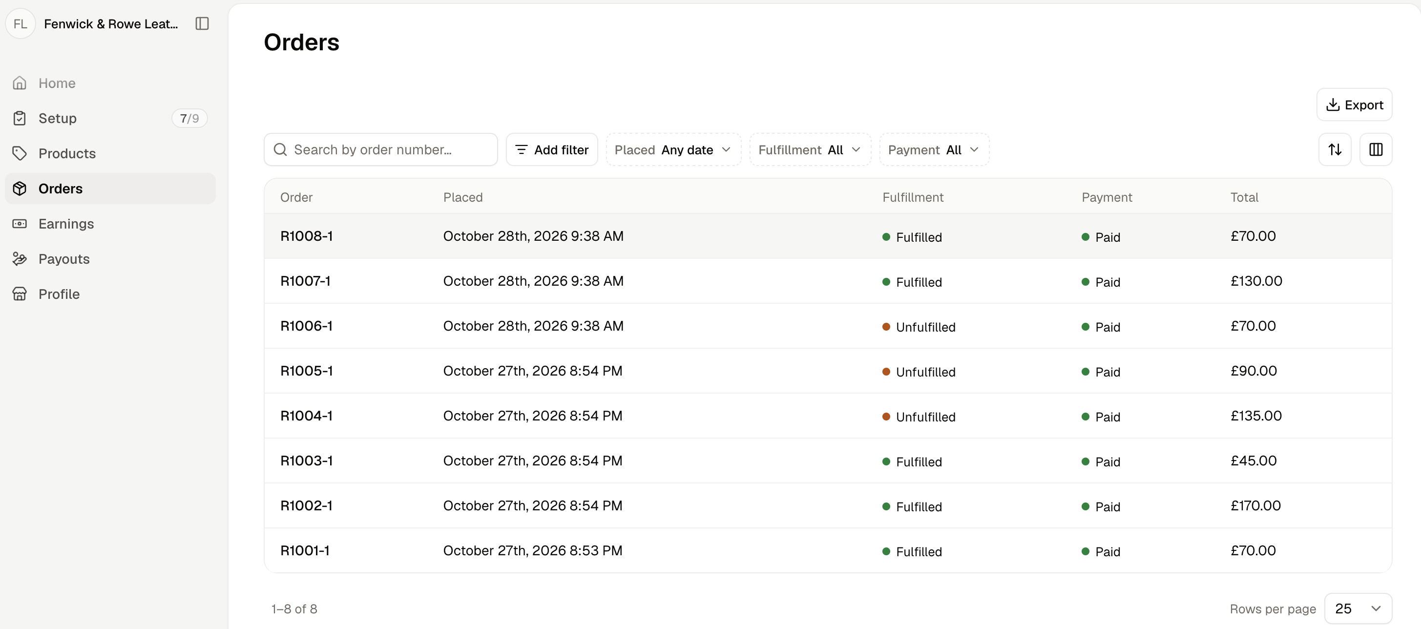 A seller's orders list in their own panel