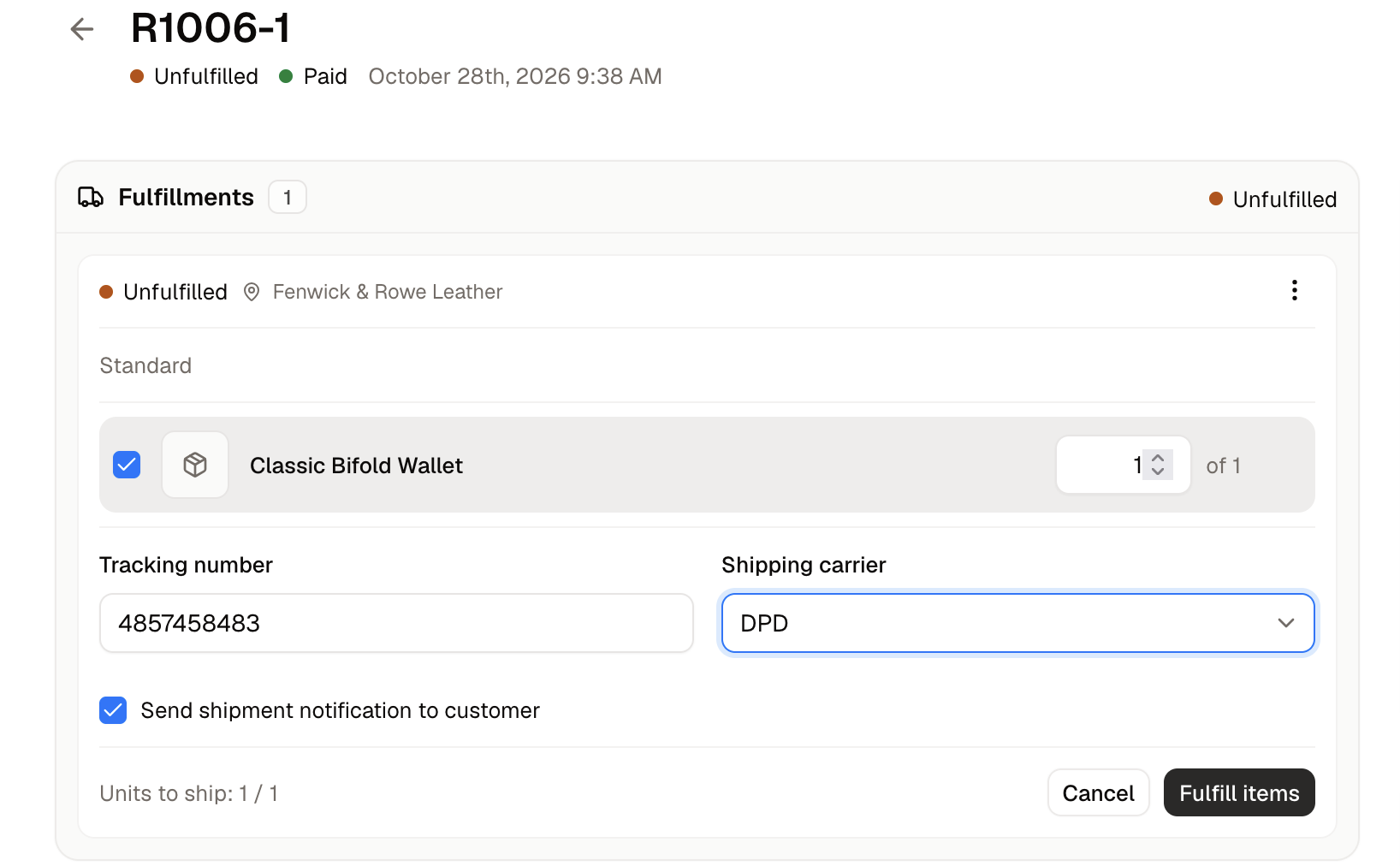 A seller fulfilling an order, with the tracking number and notification