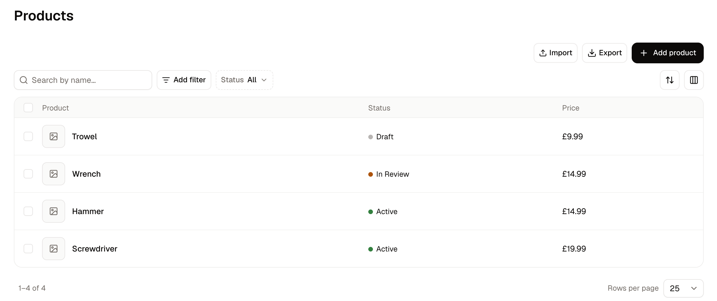 A seller's products list in their own panel