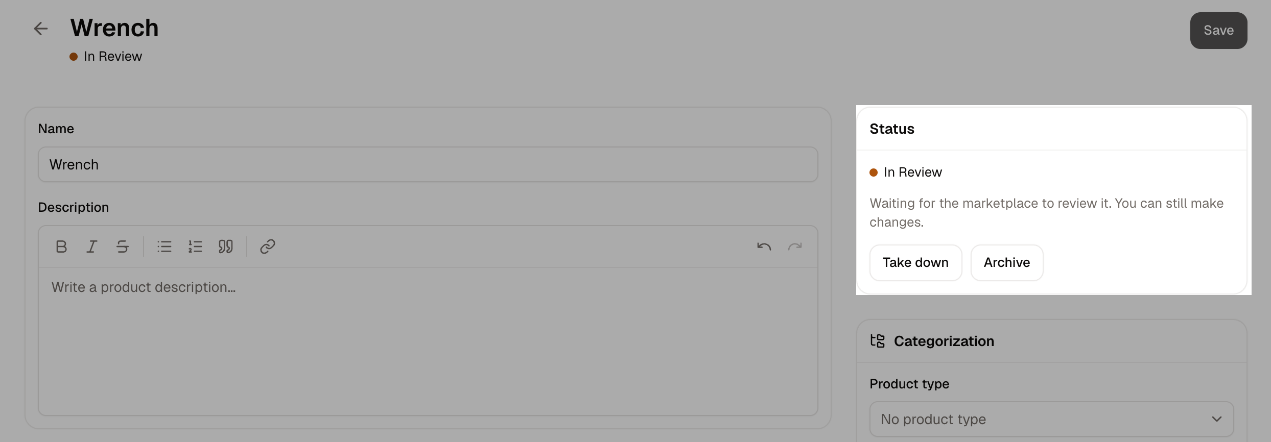 A seller's product waiting for review