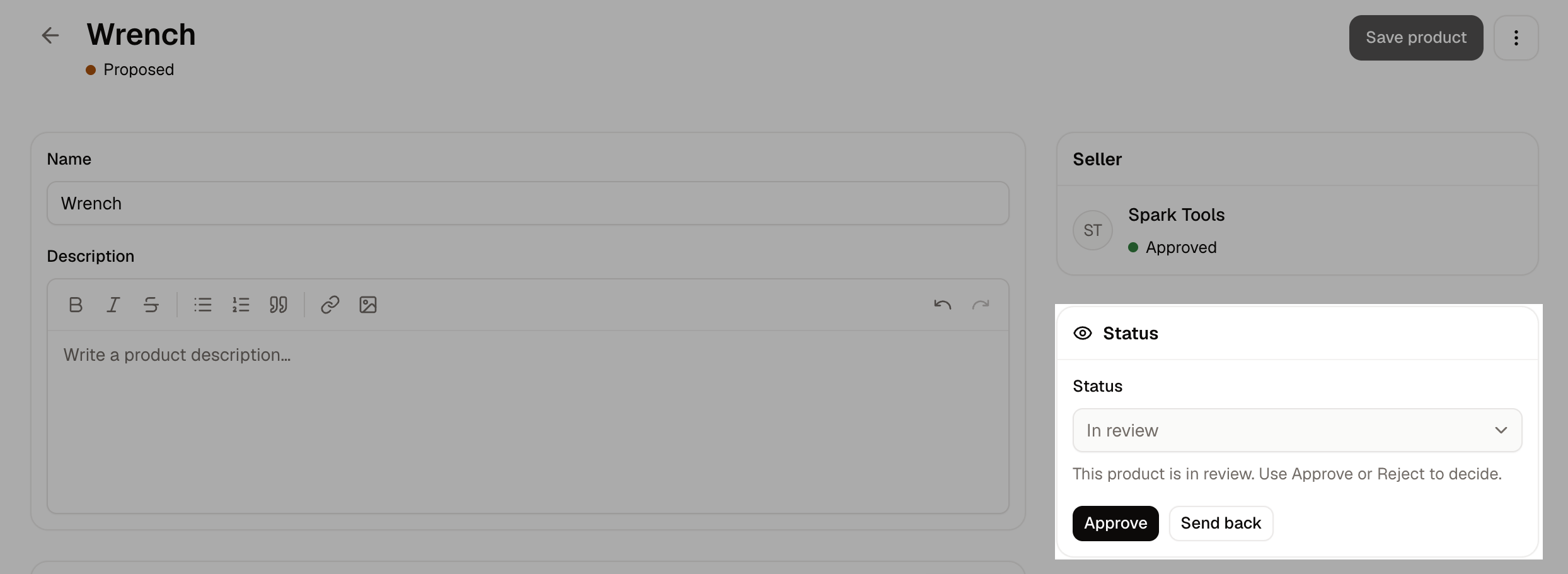A submitted product on the admin side, with its Seller, Status and Publishing cards