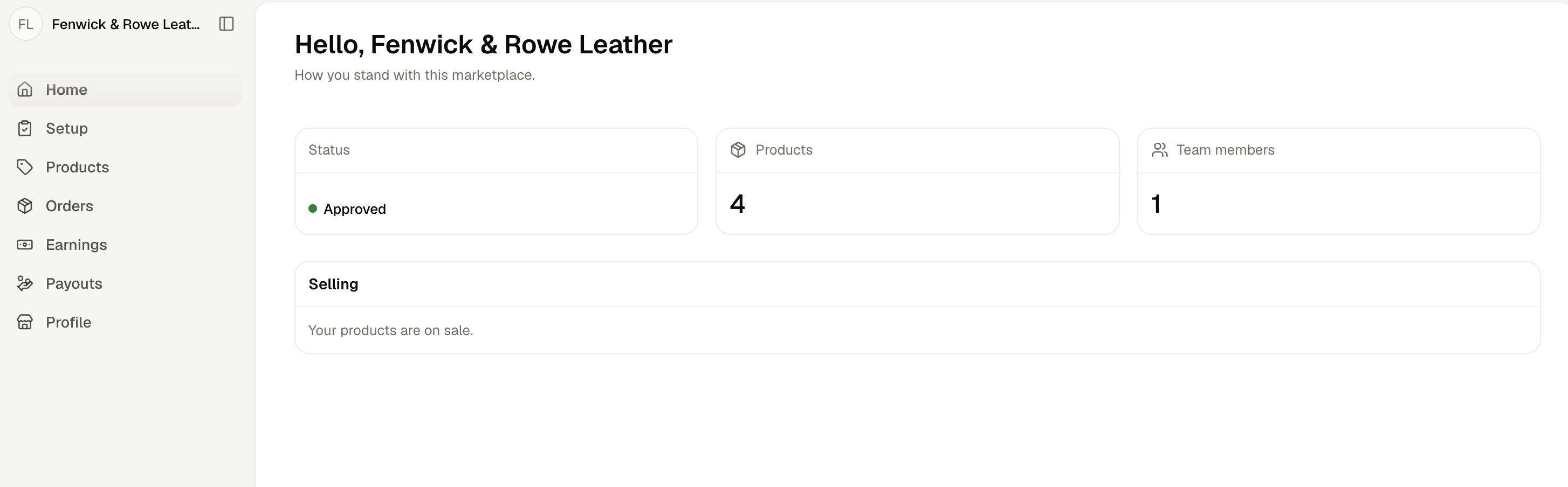 The seller panel home screen