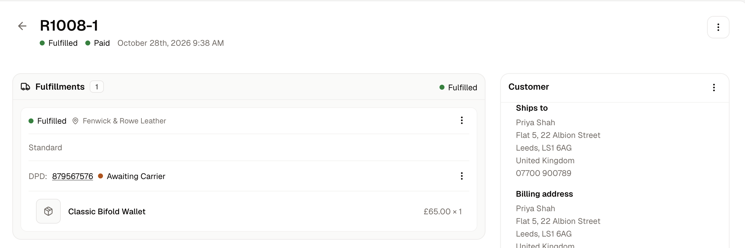 A fulfilled order in the seller panel, with the carrier and tracking number