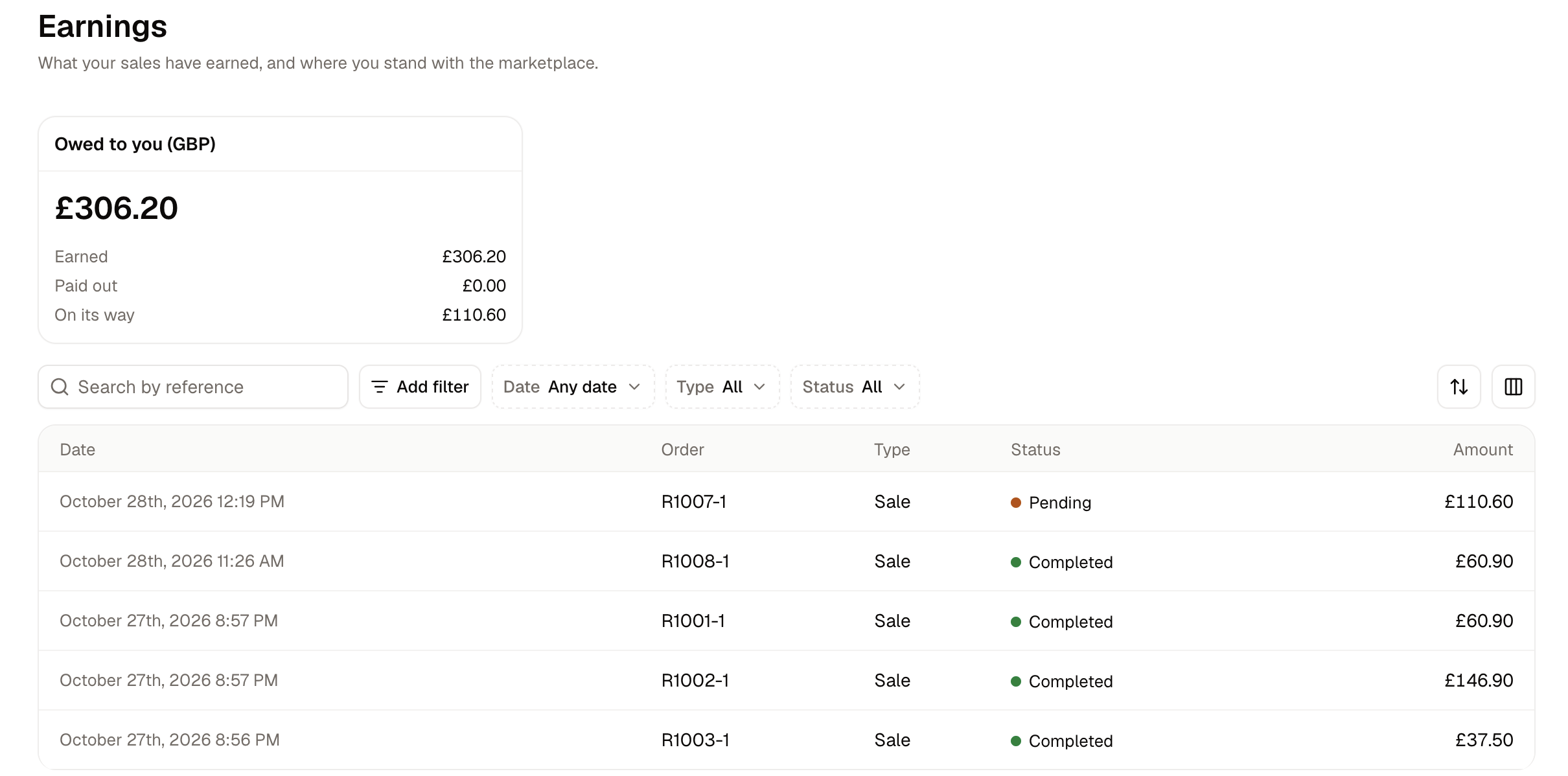 The Earnings screen in the seller panel
