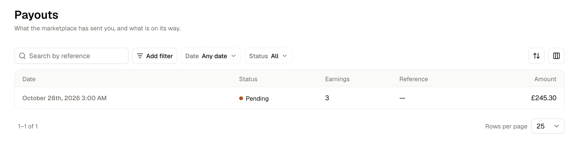 The Payouts screen in the seller panel