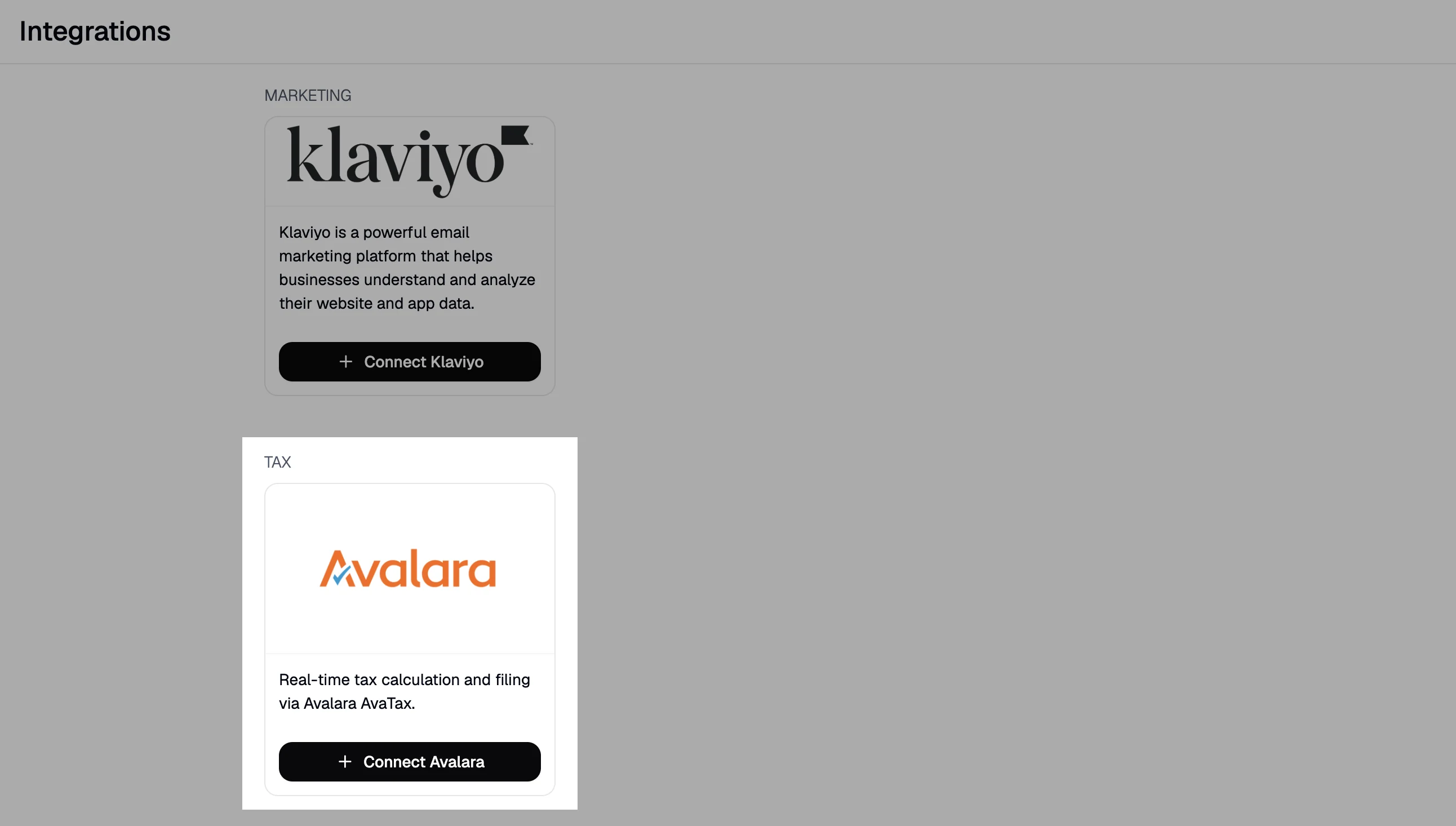 The Integrations tab in the Spree admin showing the Avalara tile