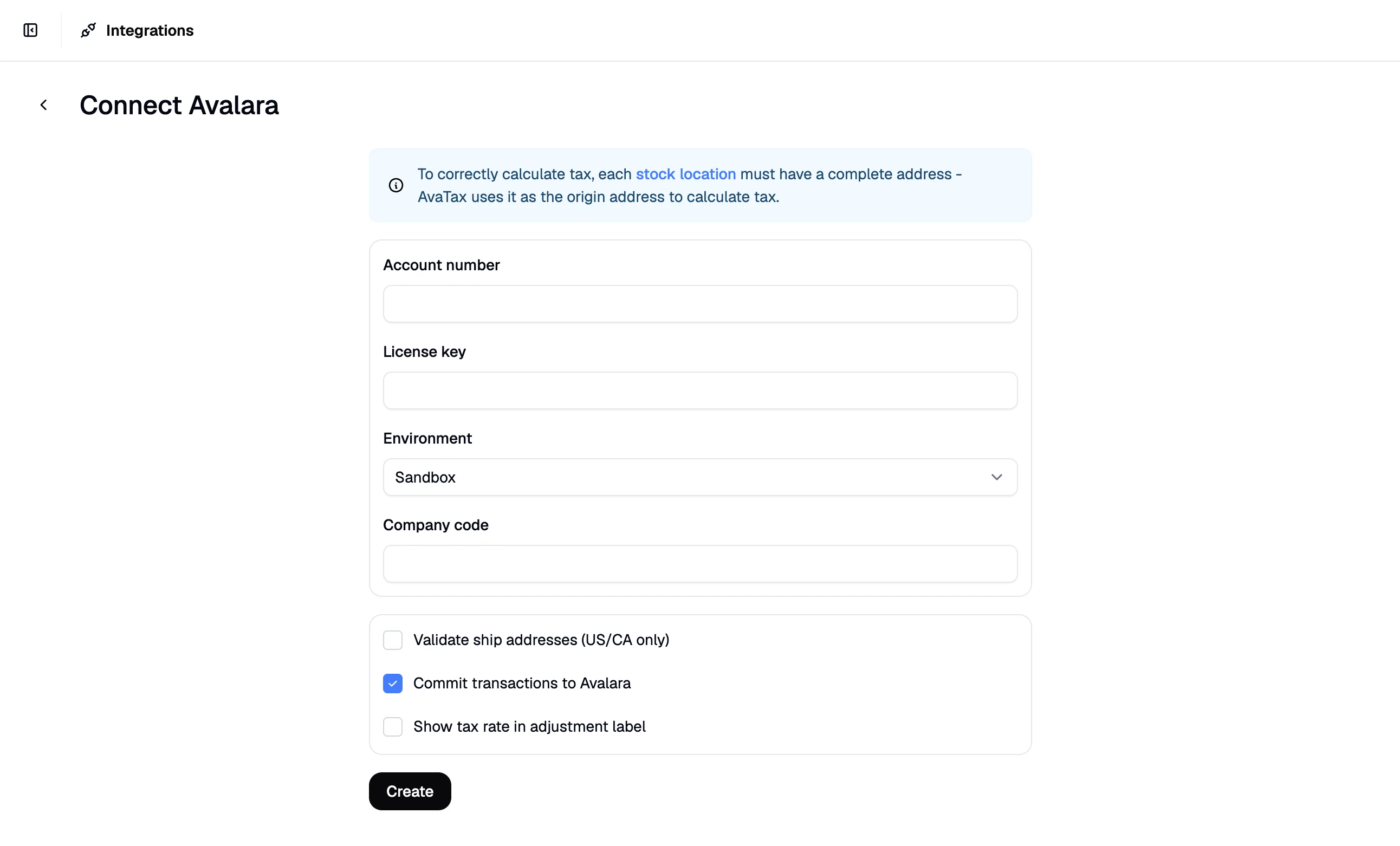 The Avalara connection form in Spree