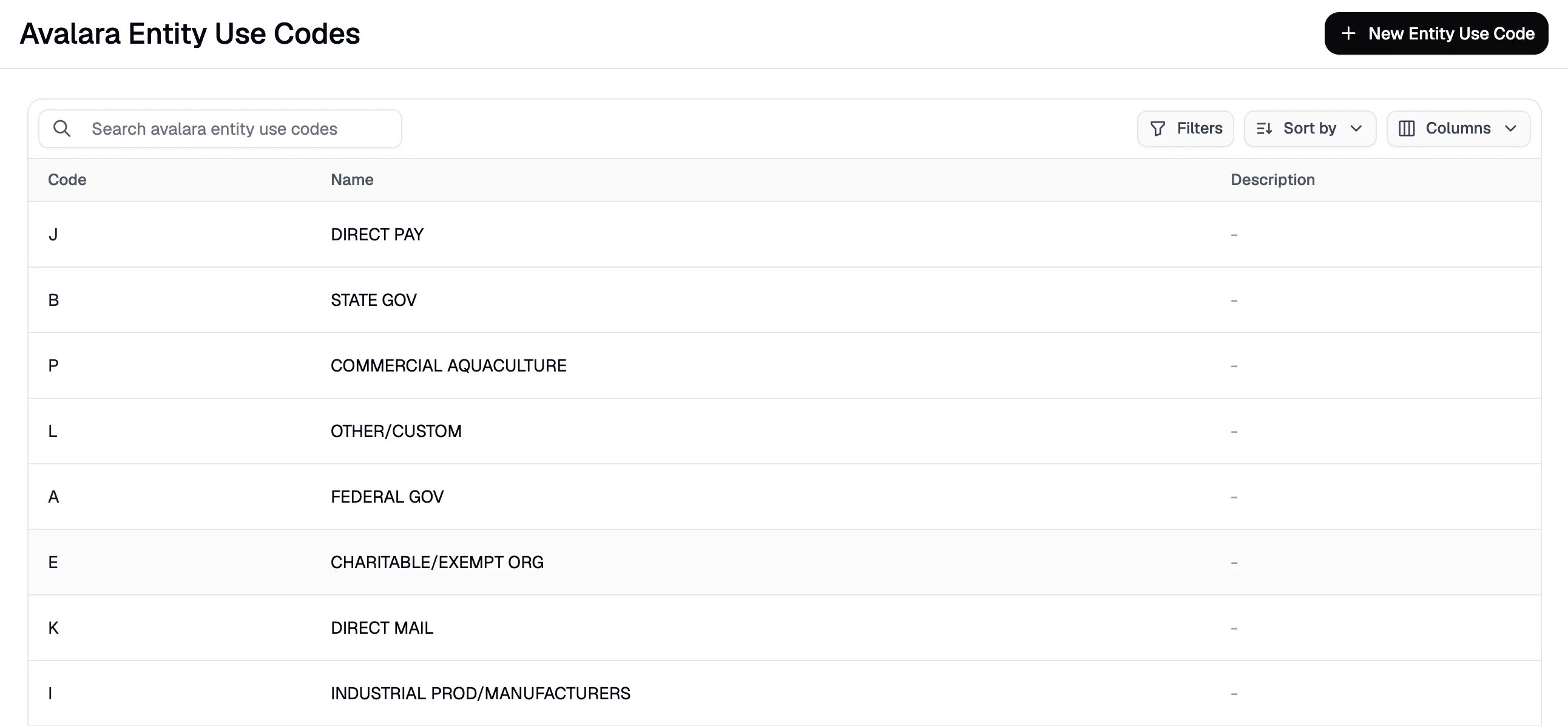 The Avalara Entity Use Codes list in Spree admin settings