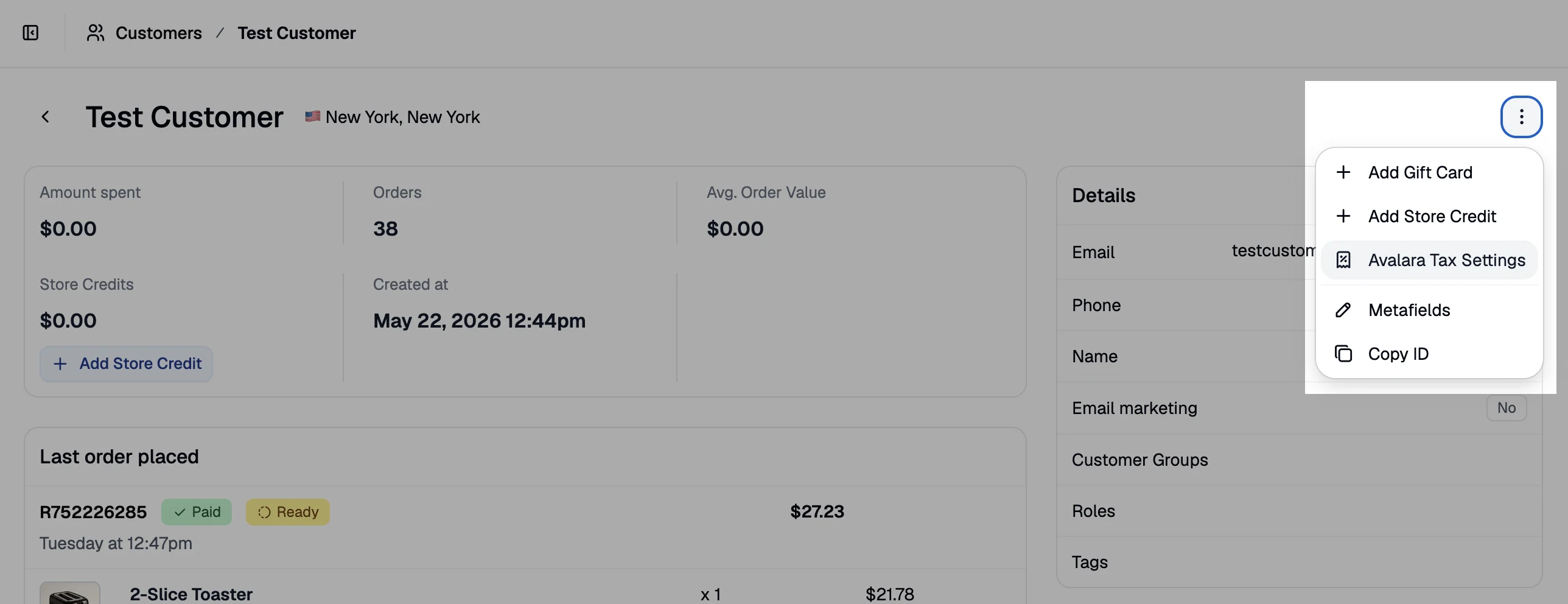 The Avalara Tax Settings dropdown on a customer profile in Spree