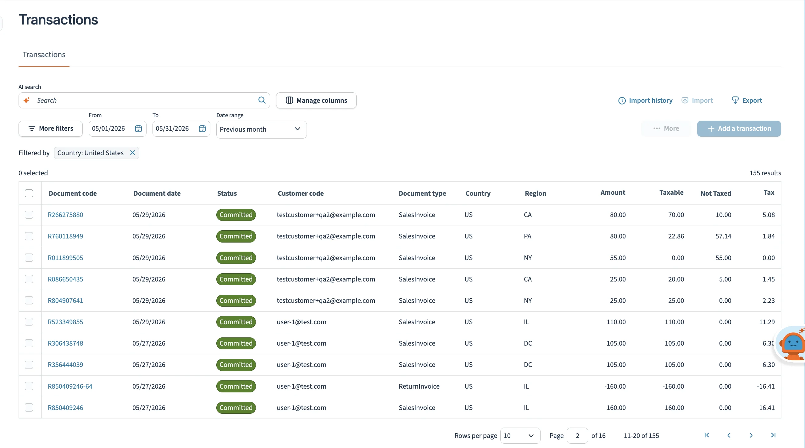 Transactions listed as sales invoices in the Avalara dashboard