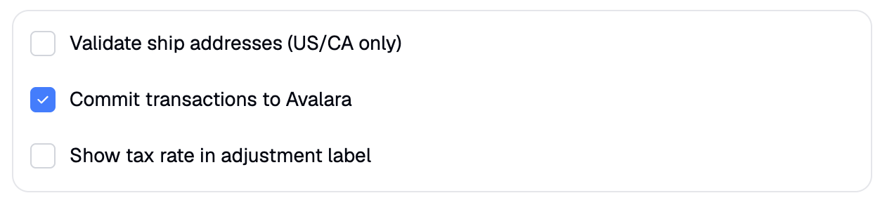Additional settings on the Avalara integration page