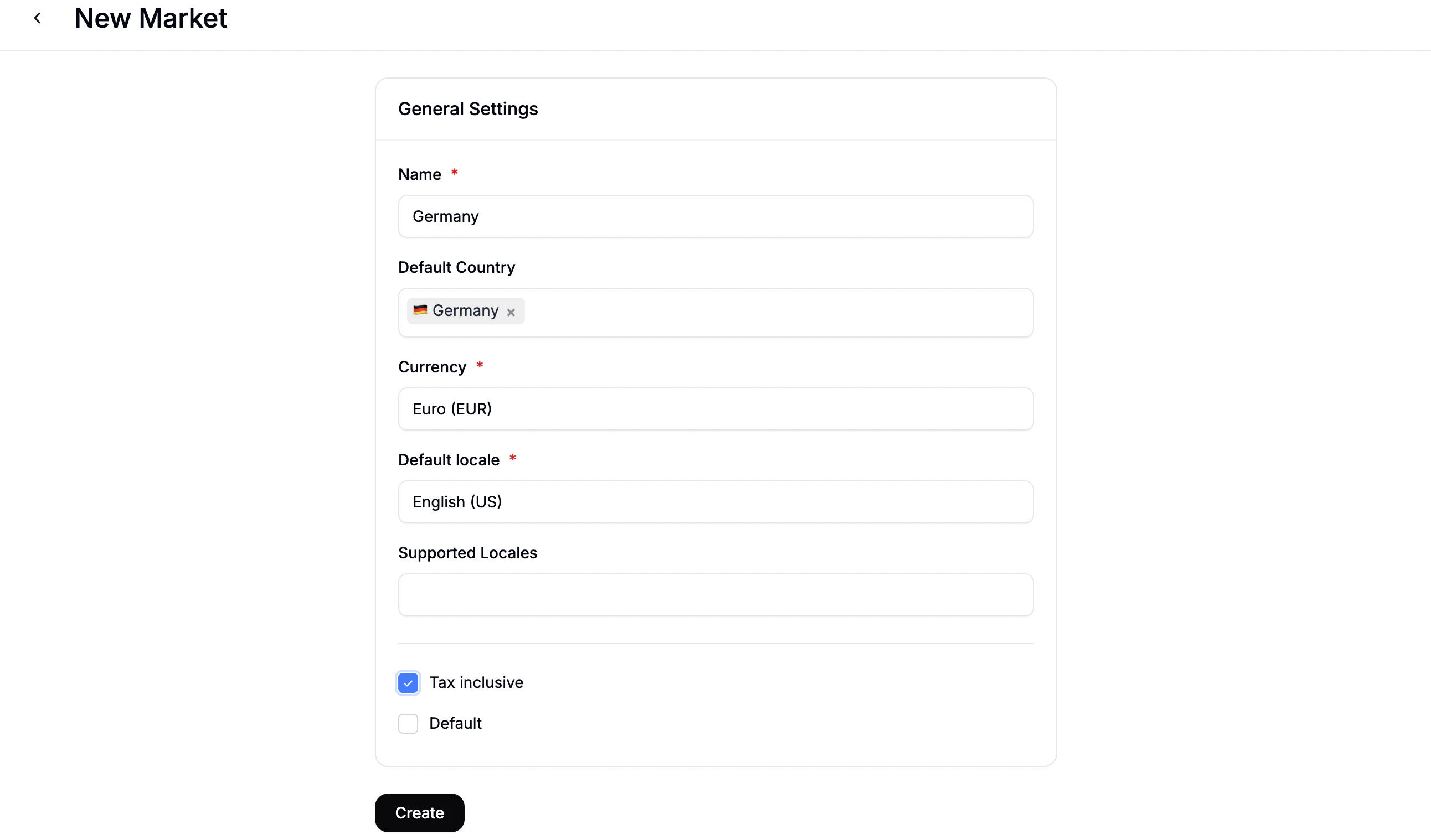 The Markets overview page showing the existing US market