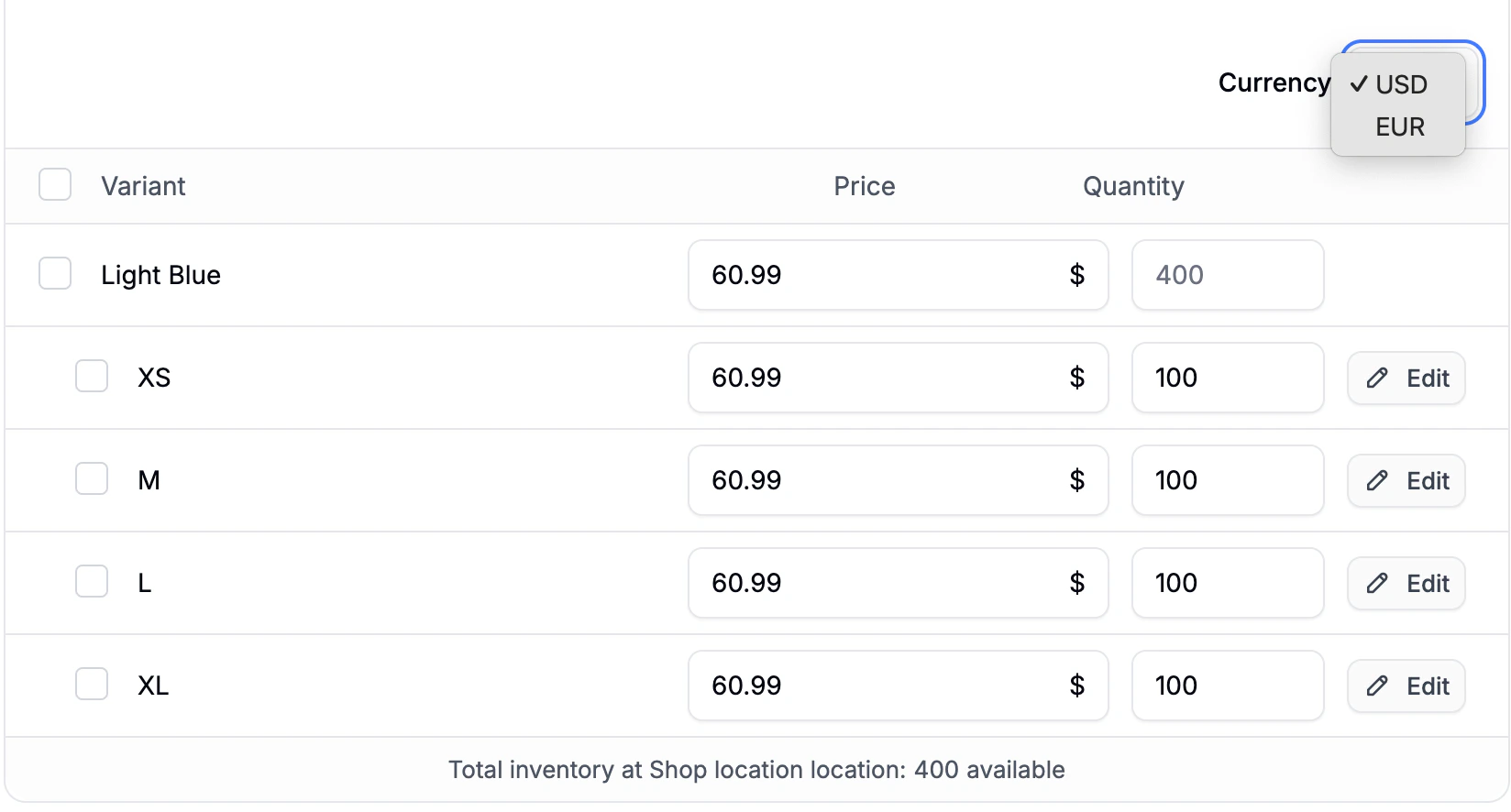 The currency switcher in the product editor set to EUR