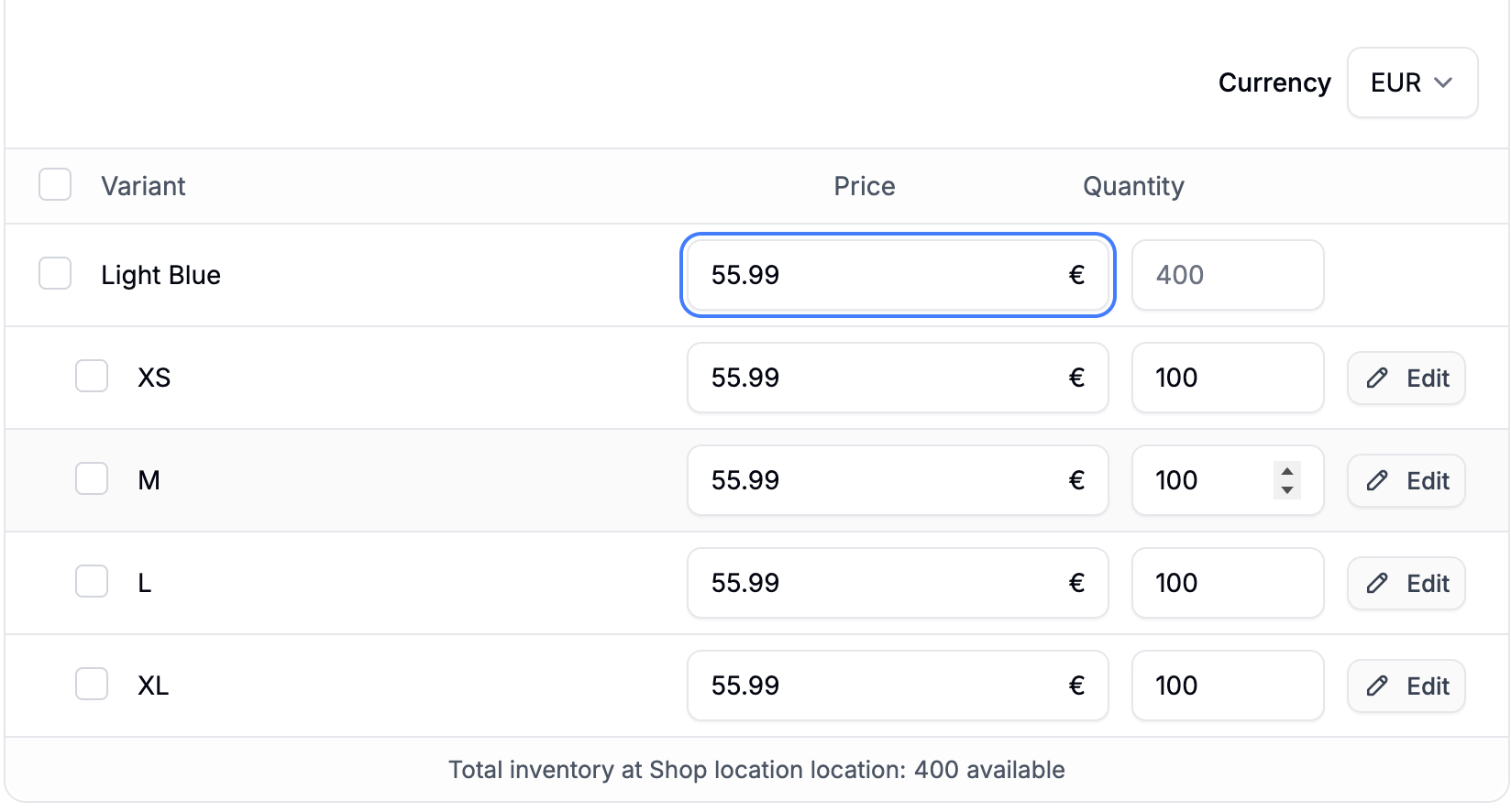 The currency switcher set to EUR with the Euro price entered