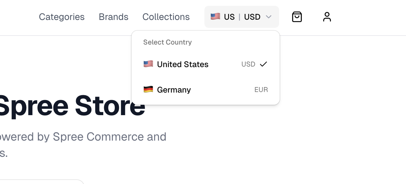 The market switcher in the Spree Next.js storefront navigation bar showing Germany / EUR selected