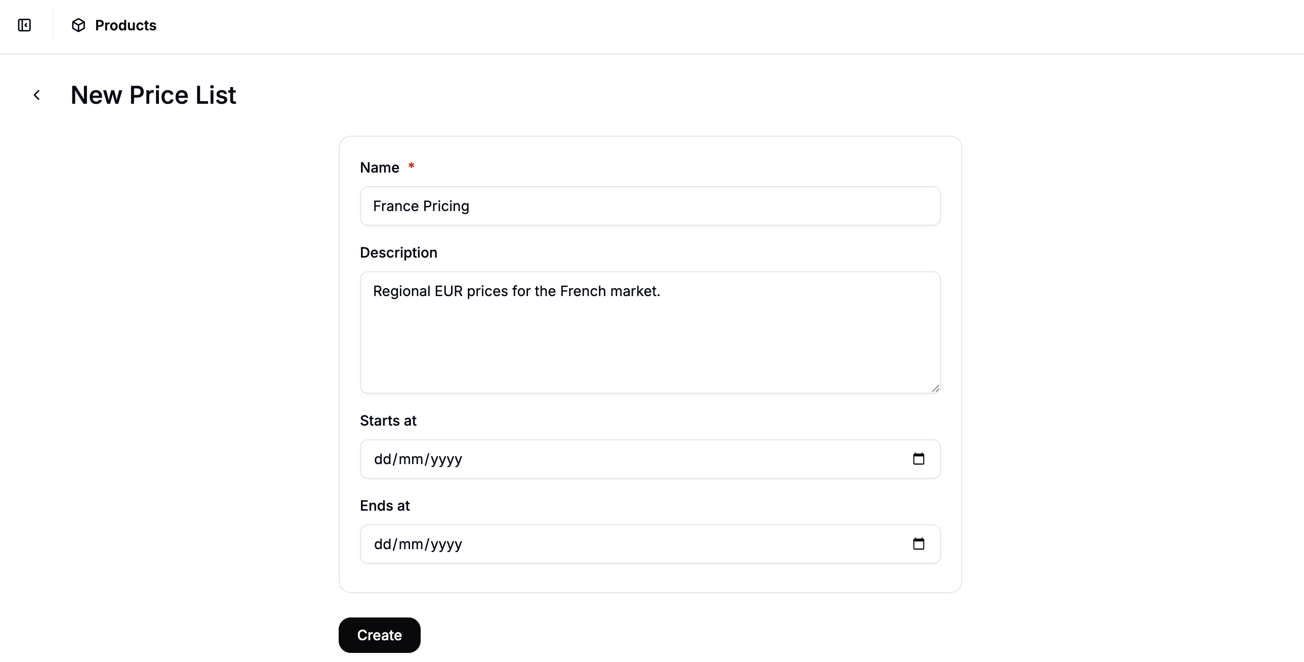 The New Price List form in Spree Commerce