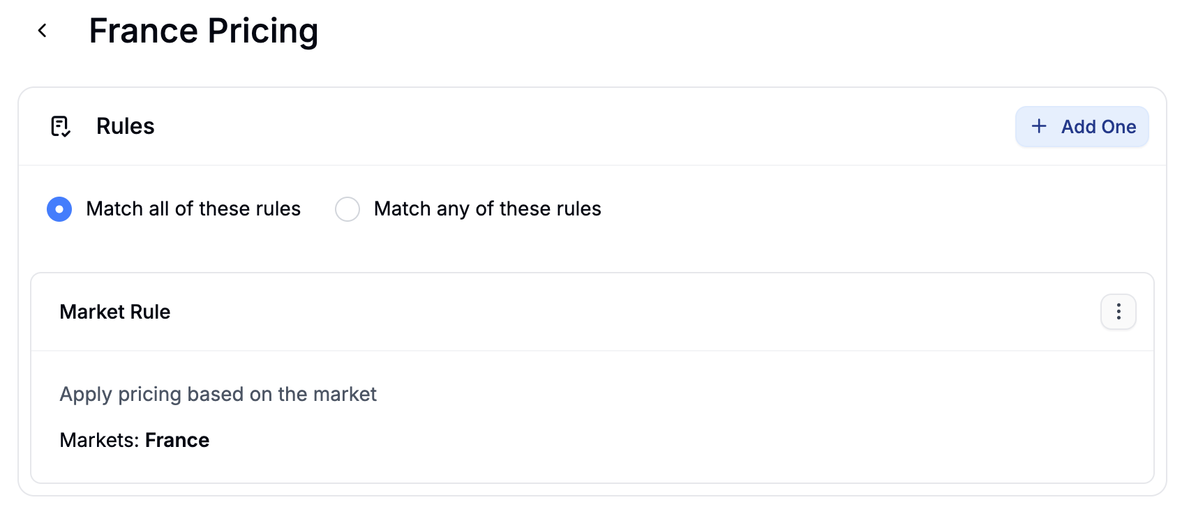 The price list editor showing a Market rule targeting France