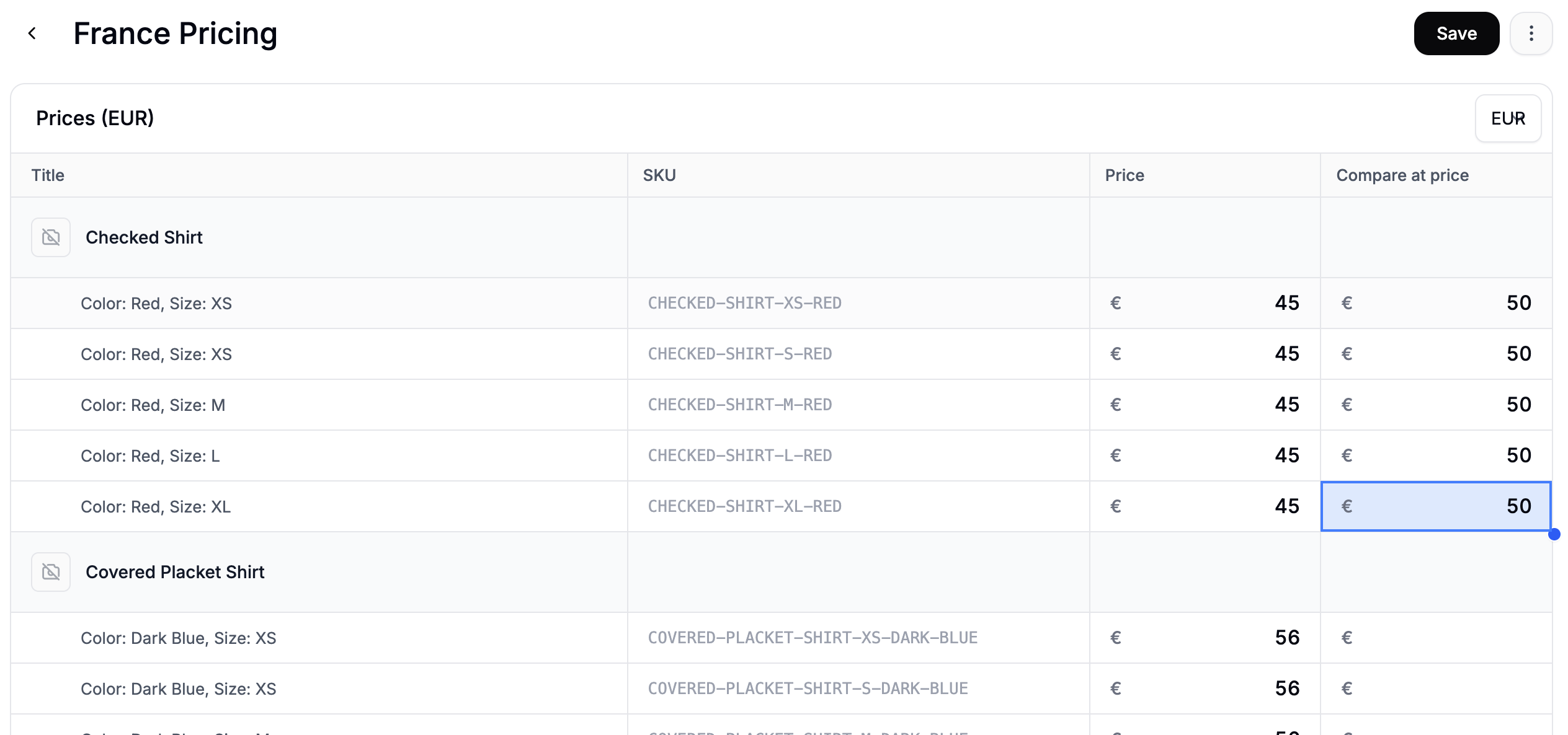 The price editor showing EUR prices entered for the France price list