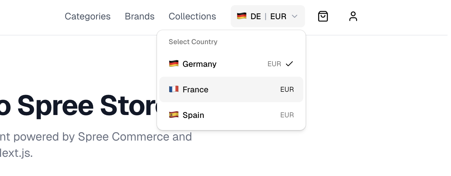 The market switcher in the Spree Next.js storefront navigation bar, switching between France, Spain, and Germany