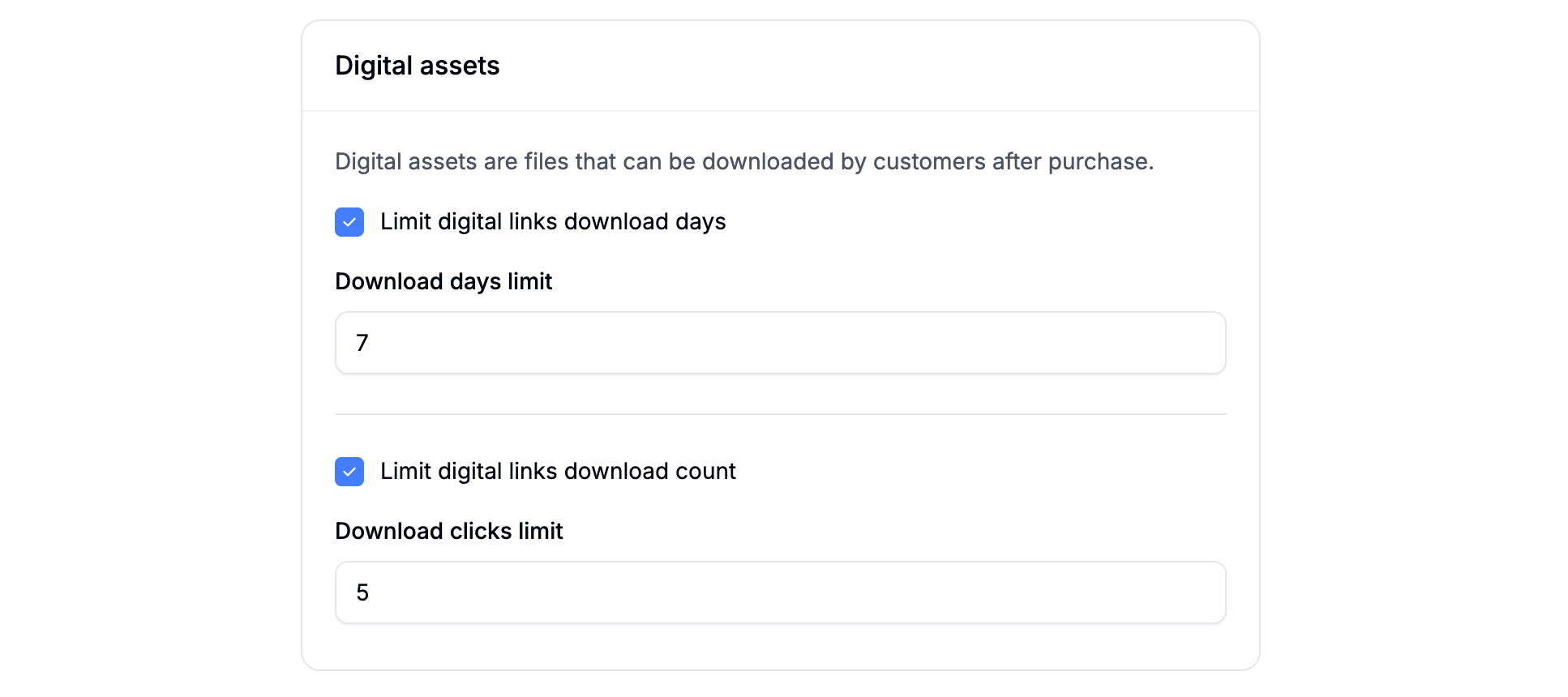 Digital Assets settings in Spree Commerce