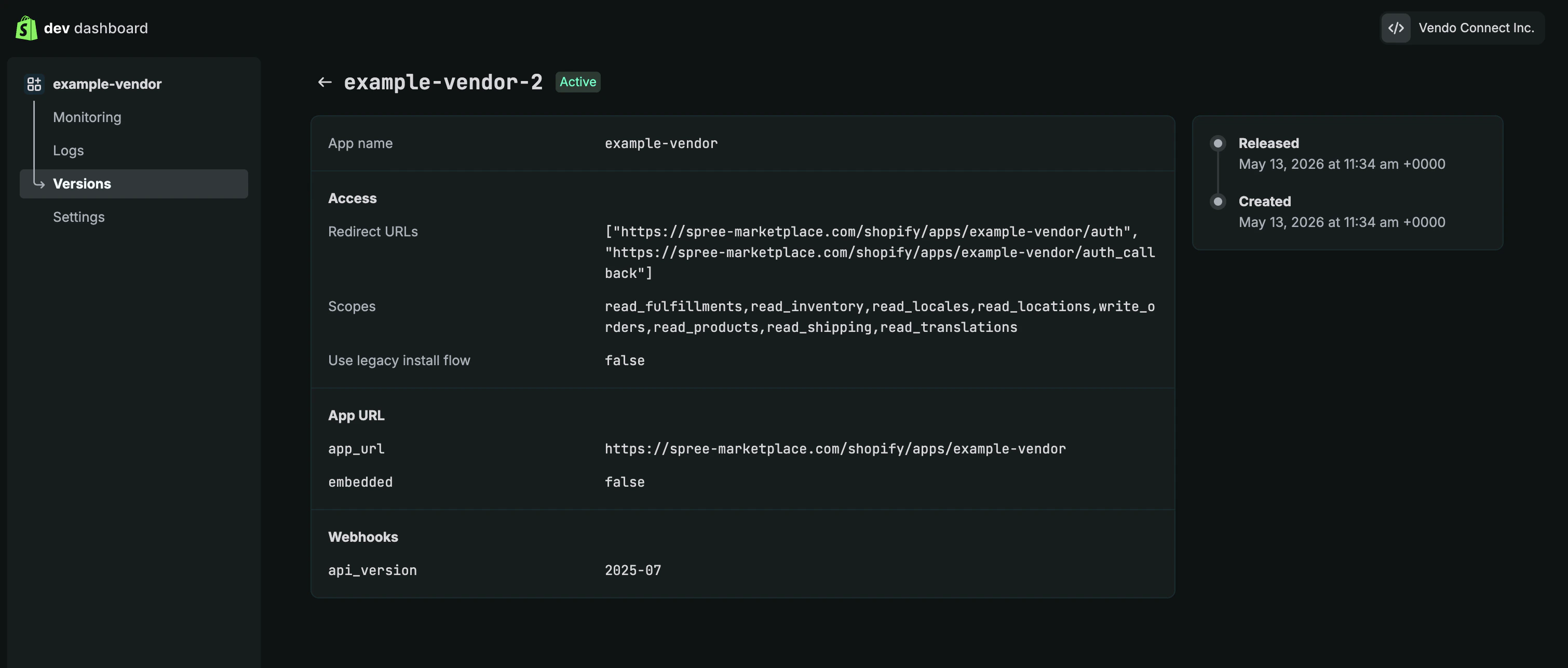 The completed Create version form in the Shopify Dev Dashboard with all required fields filled in