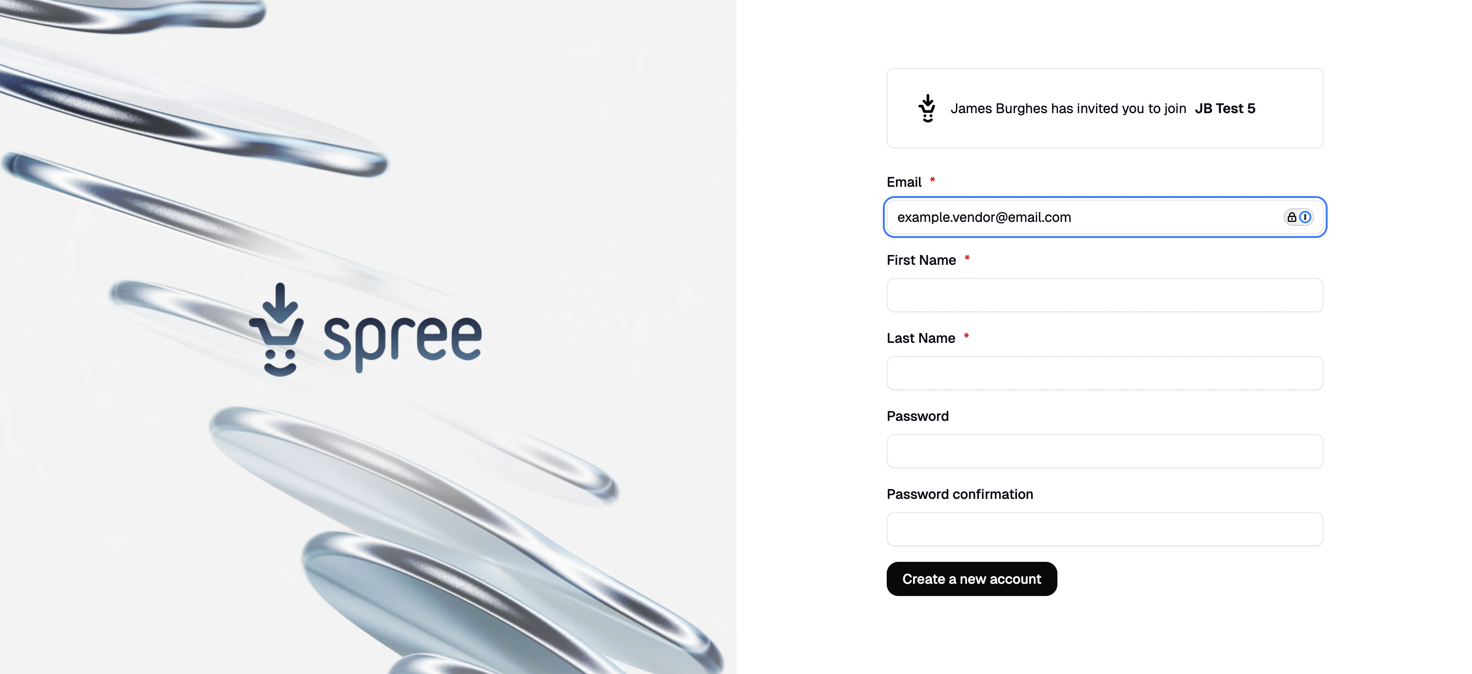 The Spree vendor account creation screen presented after the vendor accepts the Shopify app installation
