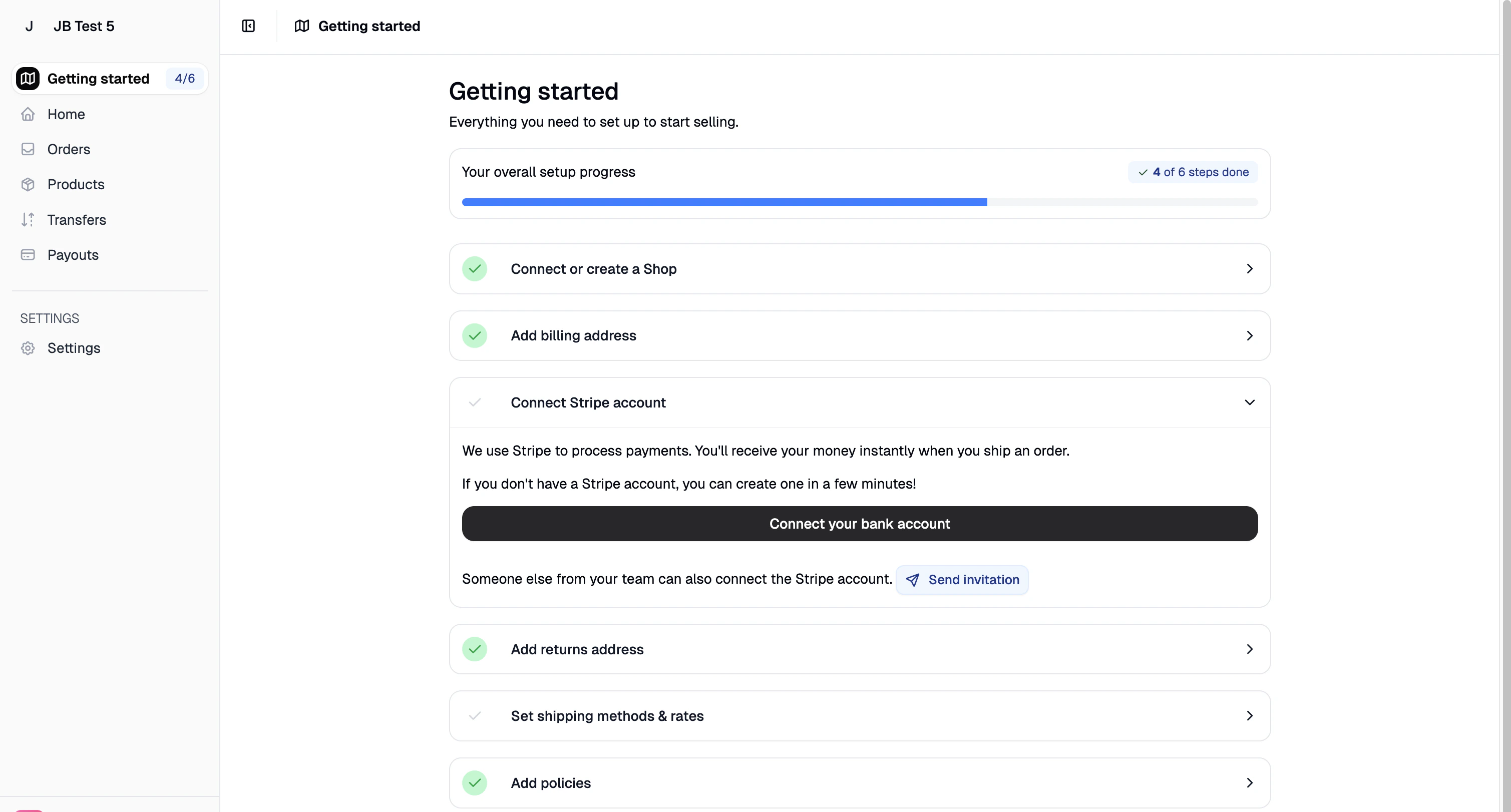 The Getting Started onboarding checklist in the Spree vendor dashboard