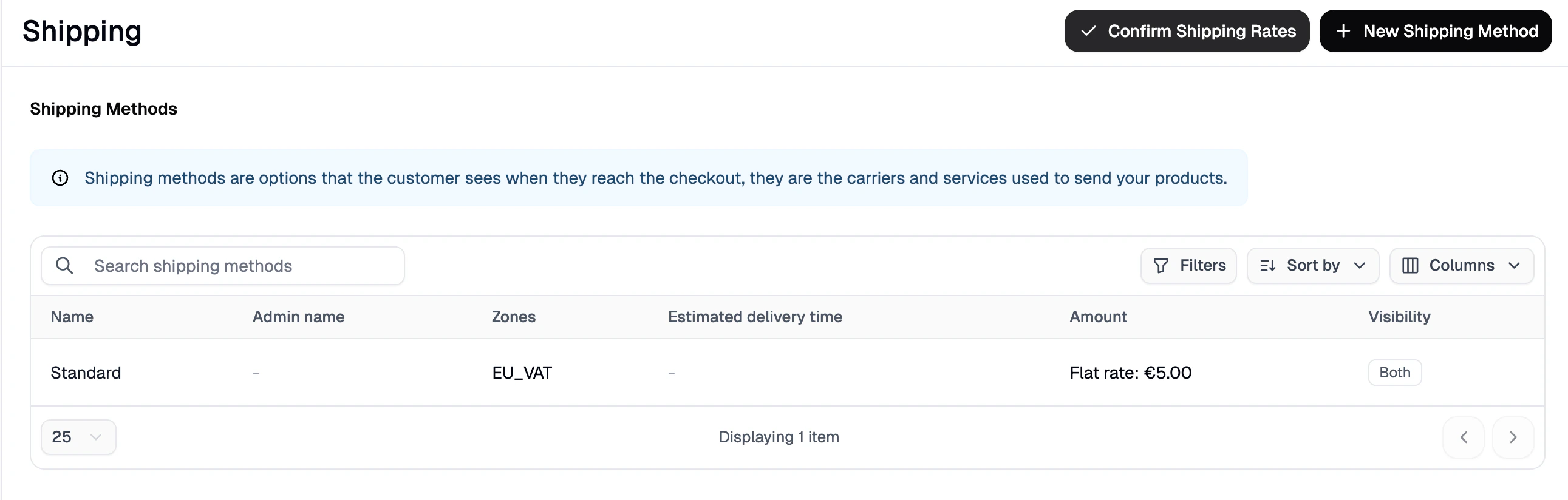 The Shipping Methods page in the vendor dashboard with the Confirm Shipping Rates button