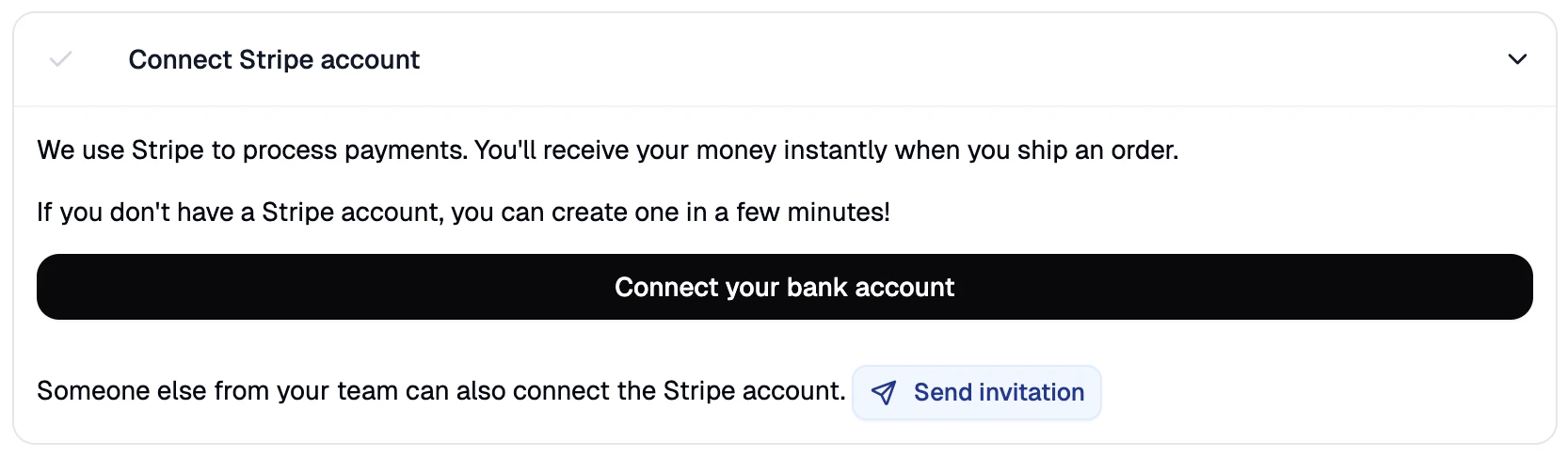 The Connect Stripe Account task expanded in the onboarding checklist