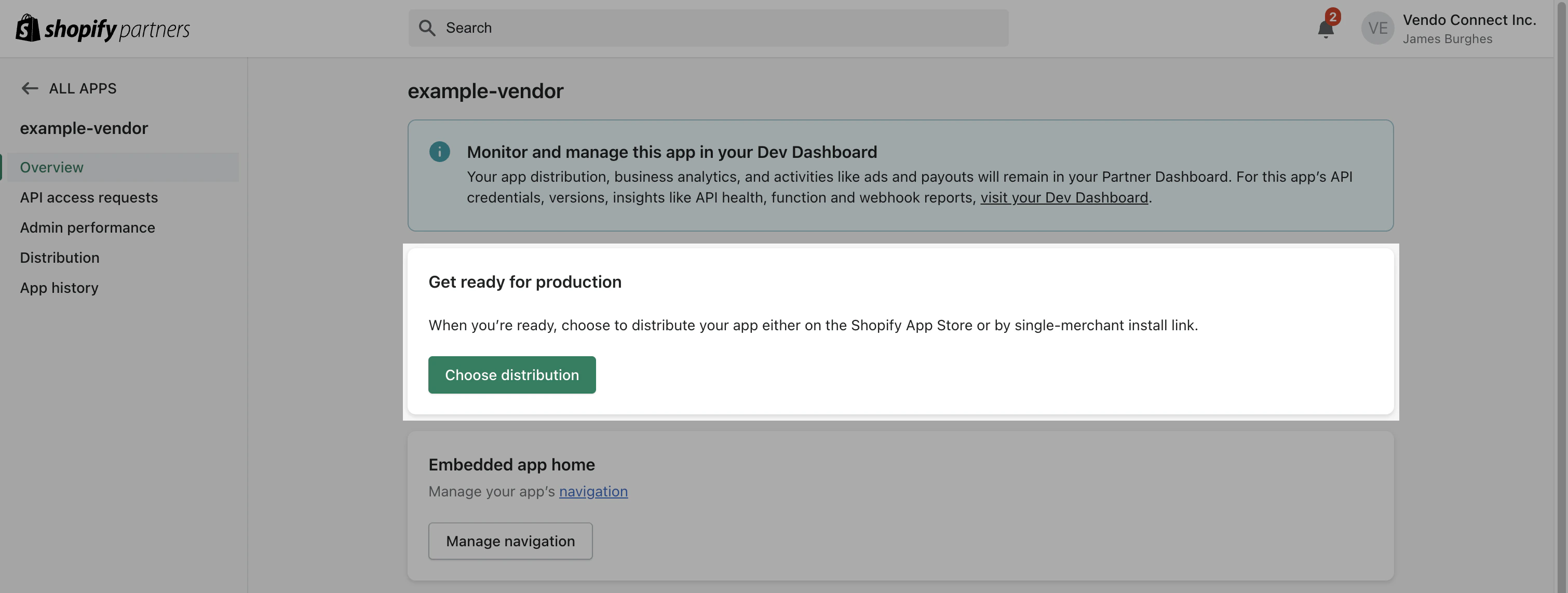 The Shopify app Overview page with the Select distribution method button highlighted