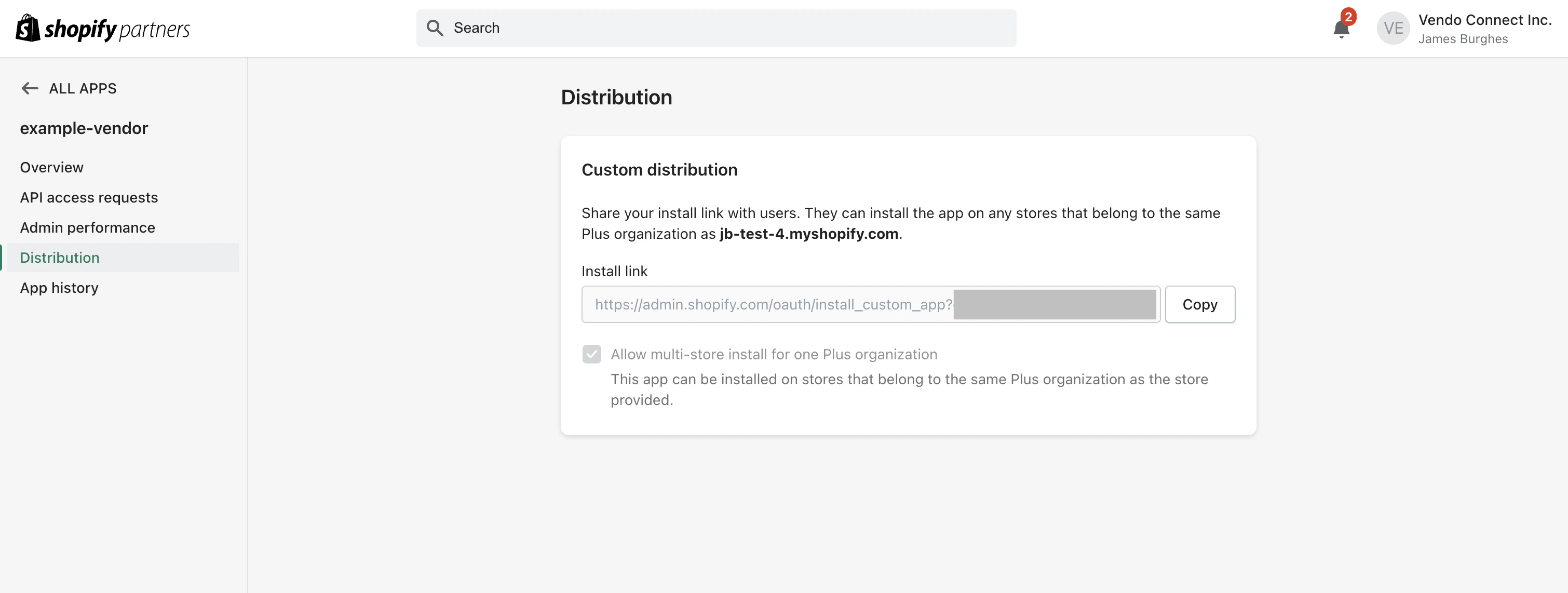 The generated install link displayed in the Shopify Dev Dashboard, ready to copy