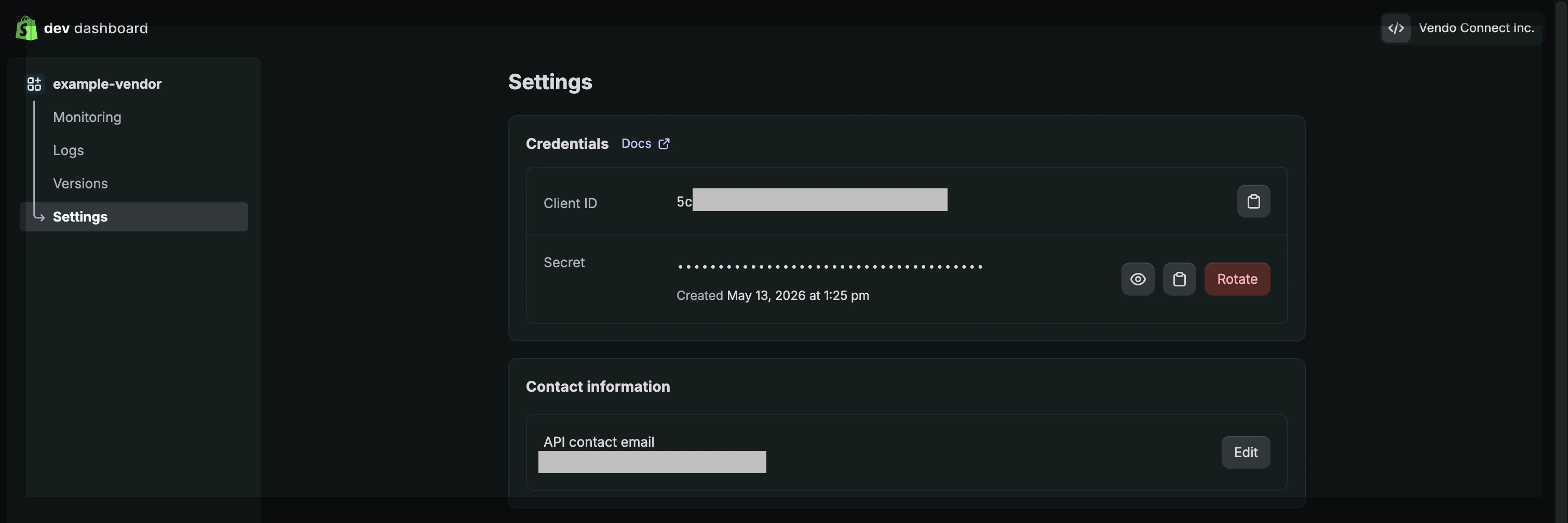 The app Settings page in the Shopify Dev Dashboard with the Client ID and Secret fields