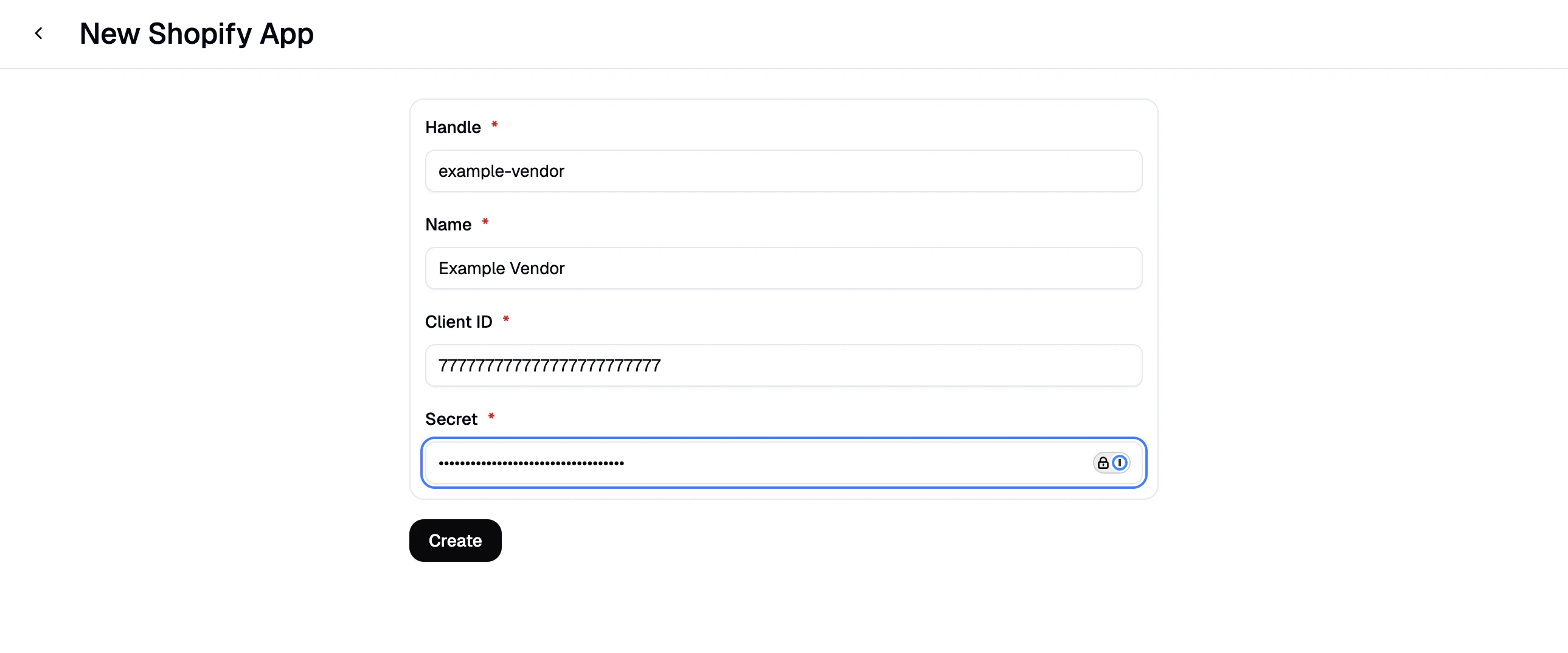 The New Shopify App form in Spree with Handle, Name, Client ID, and Secret fields