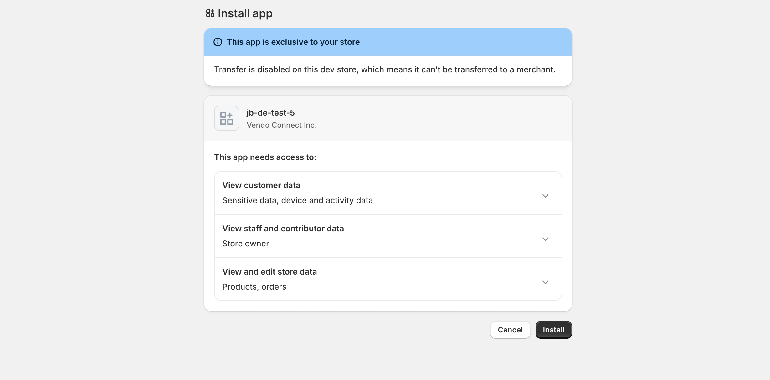 The Shopify app installation acceptance screen with the Install button