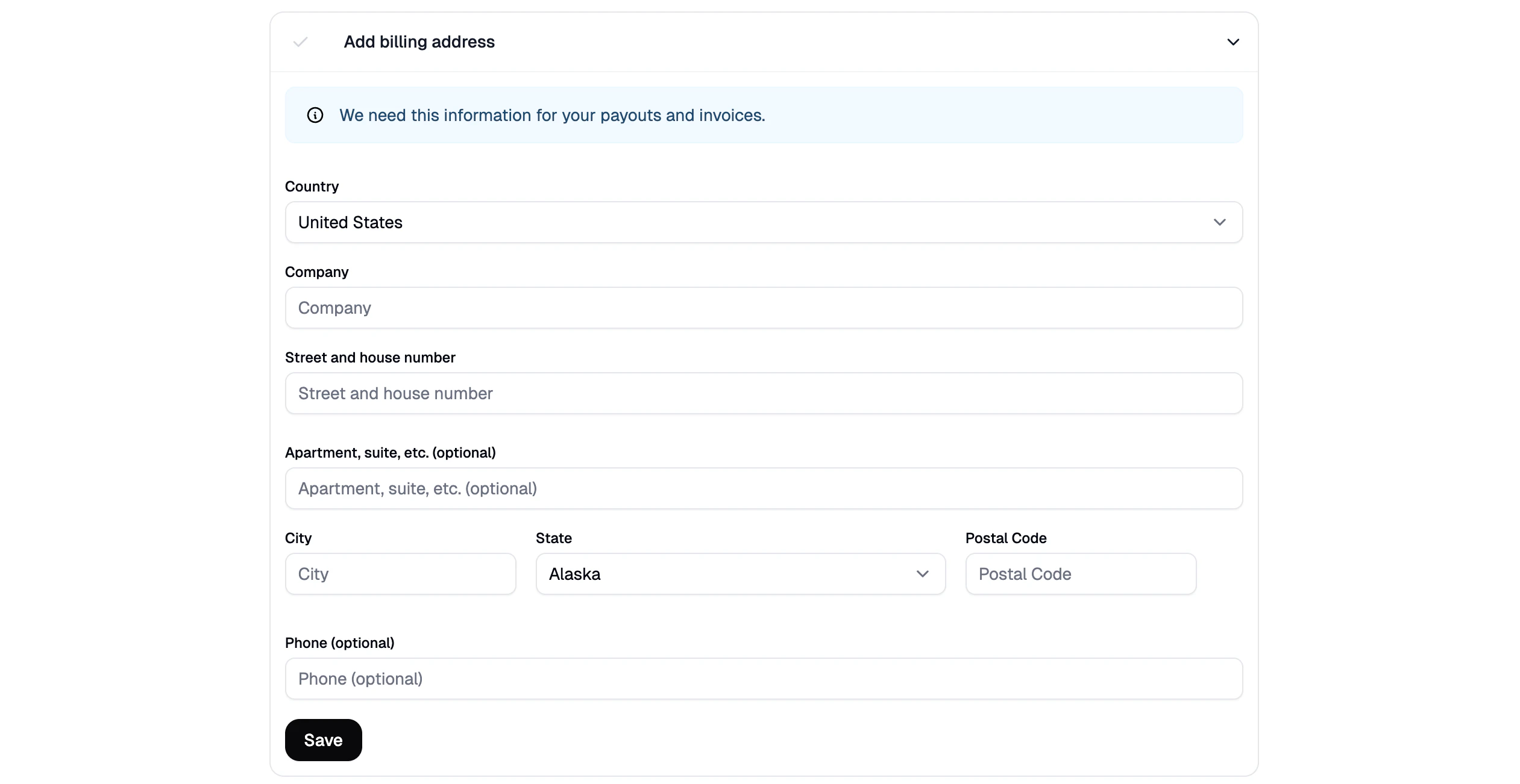The Add Billing Address task expanded with the billing form fields