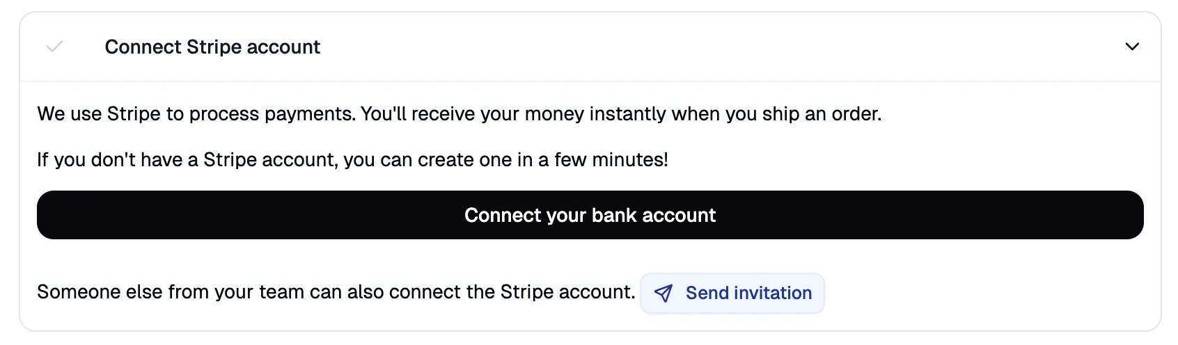 The Connect Stripe Account task expanded in the onboarding checklist