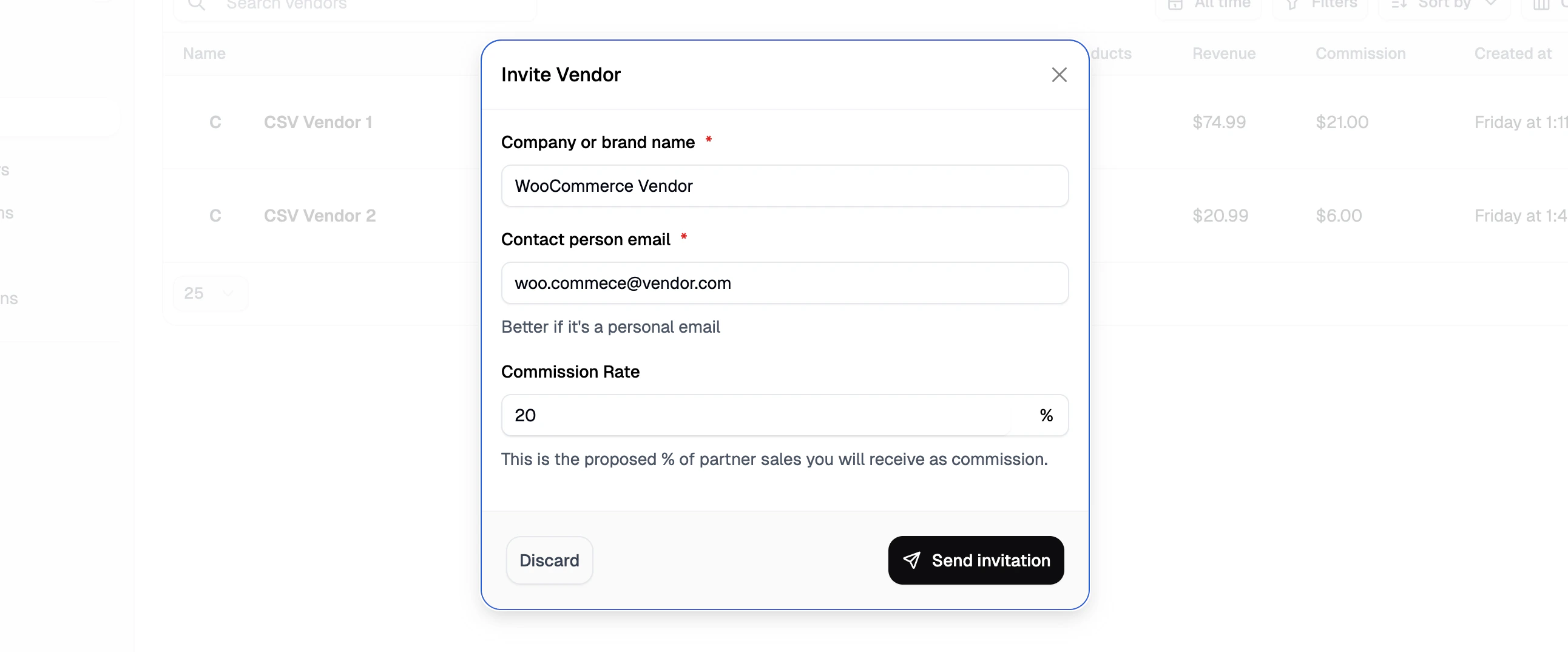 The Invite Vendor form with fields for company name, contact email, and commission rate